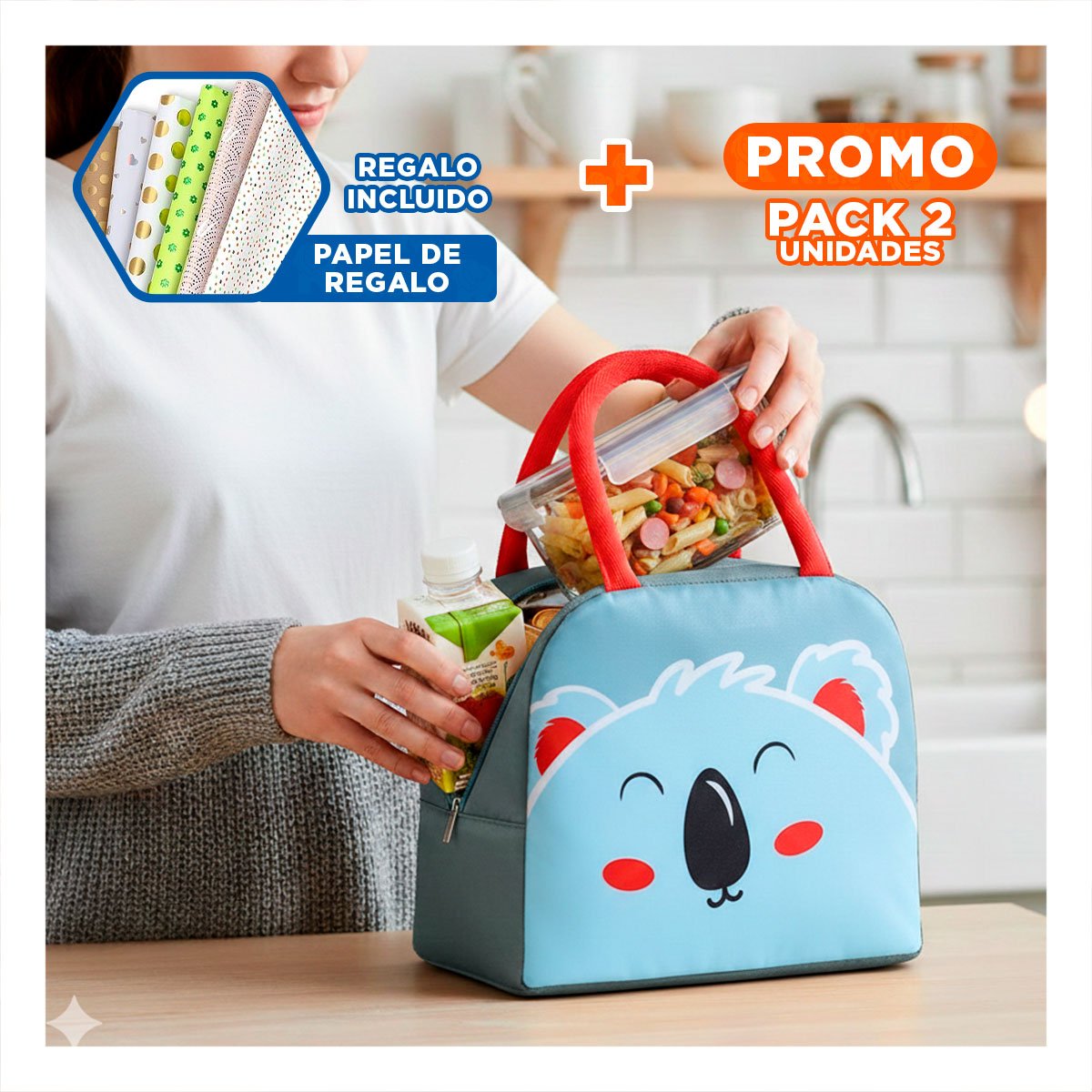 PACK2 LUNCH BOX TERMICA FACIL DE TRANSPORTAR Y GUARDAR KOALA PLOMO OSCURO Y+PAPEL REGALO - 1