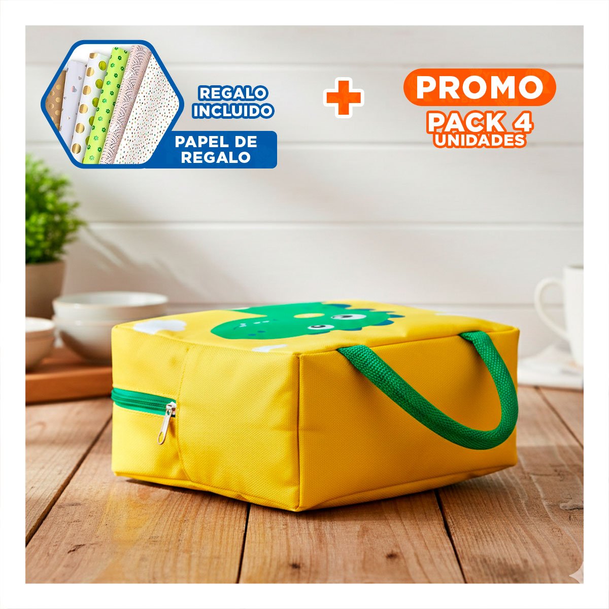 PACK4 LUNCH BOX TERMICA PARA ACTIVIDADES AL AIRE LIBRE DINOSAURIO AMARILLO Y+PAPEL REGALO - 1
