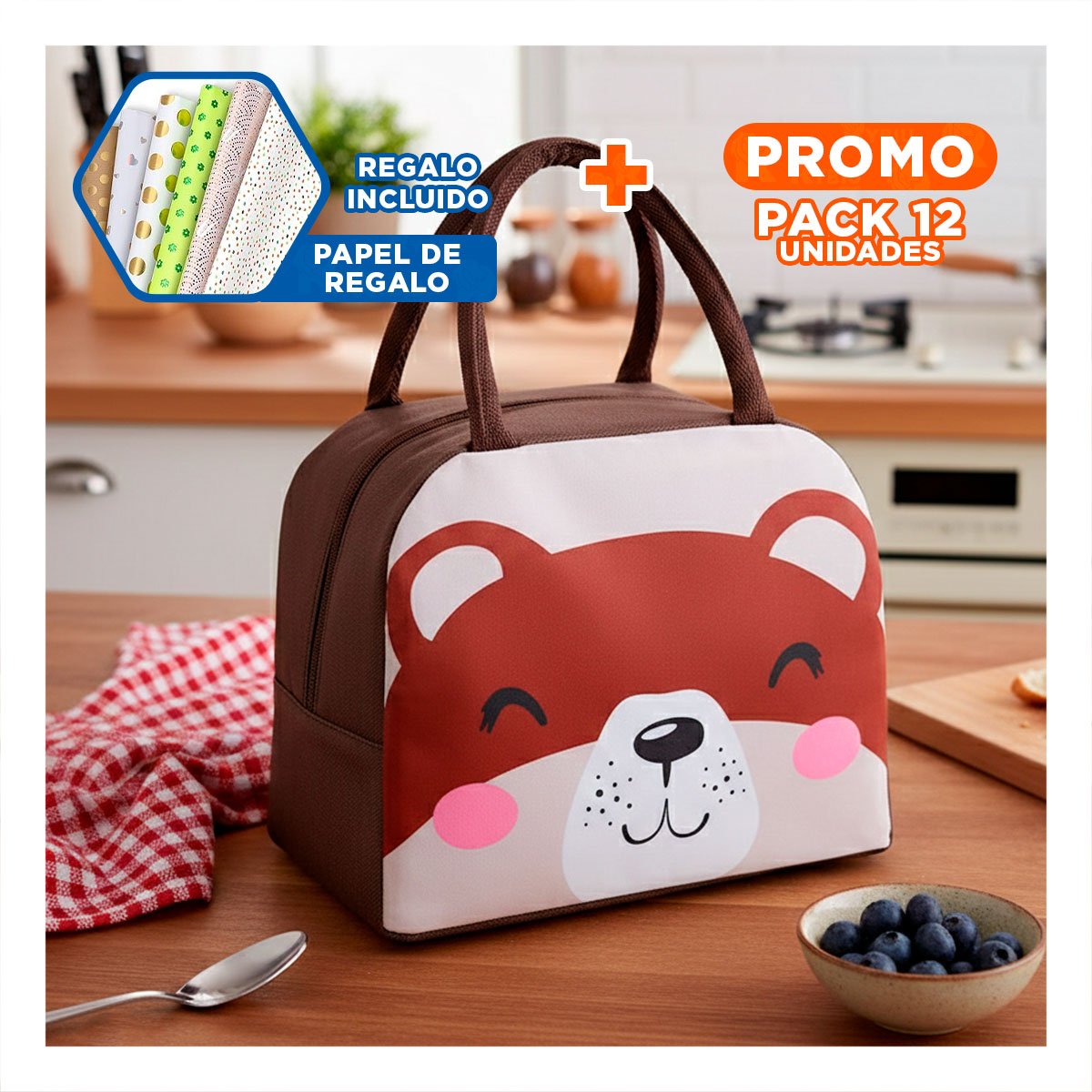 PACK12 ENVASE TERMICO CON COMPARTIMENTOS Y TAPA HERMETICA OSO MARRON Y+PAPEL REGALO - 1