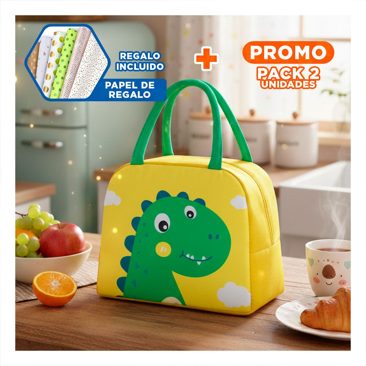 PACK2 LUNCH BOX TERMICA FACIL DE TRANSPORTAR Y GUARDAR DINOSAURIO AMARILLO Y+PAPEL REGALO - 1