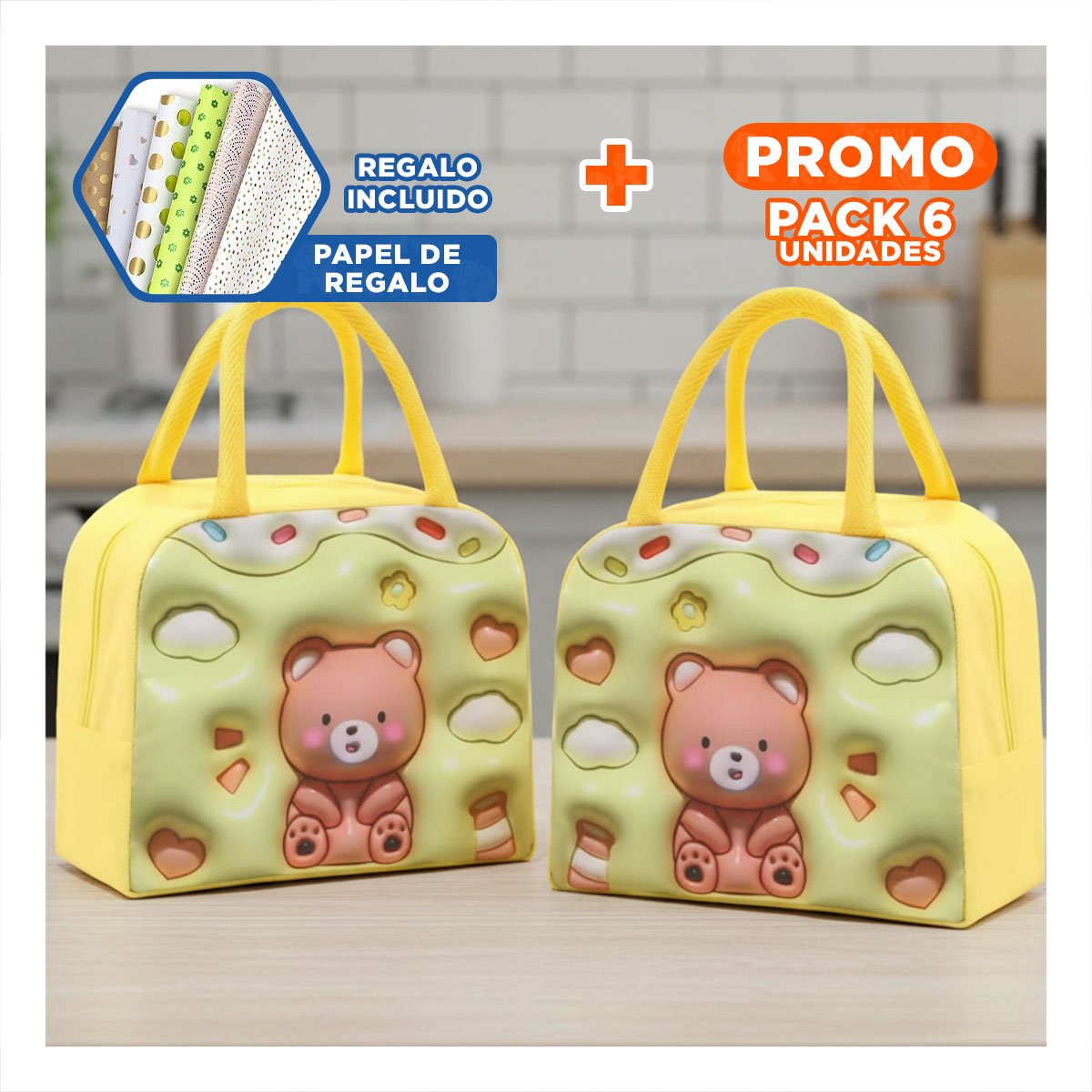 PACK6 LUNCH BOX KAWAII OSO CON ESPACIO EXTRA AMARILLO Y+PAPEL REGALO - 1