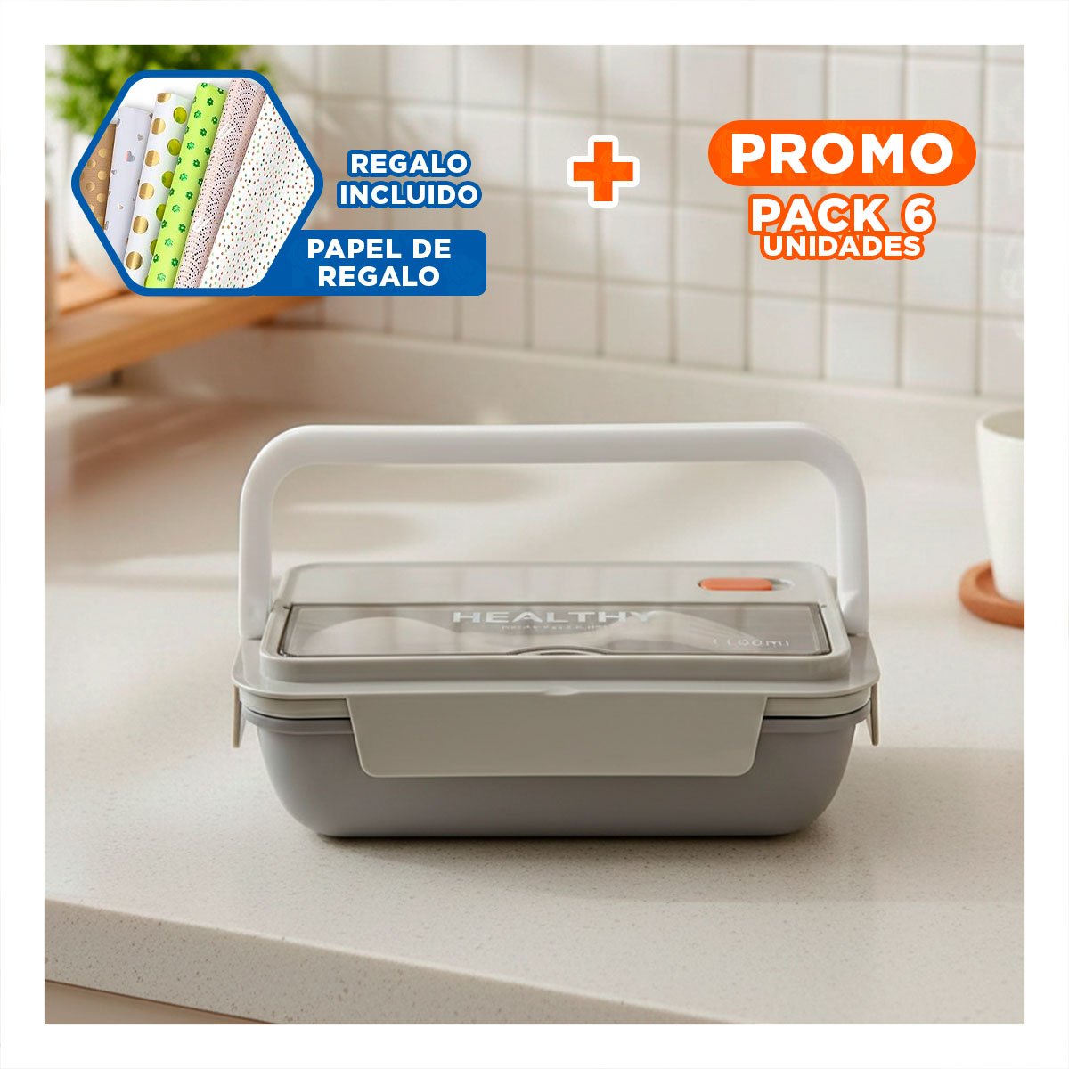 PACK6 ARTICULO HERMETICO PARA ALIMENTOS 1100ML Y CUBIERTOS PLOMO Y+PAPEL REGALO - 1