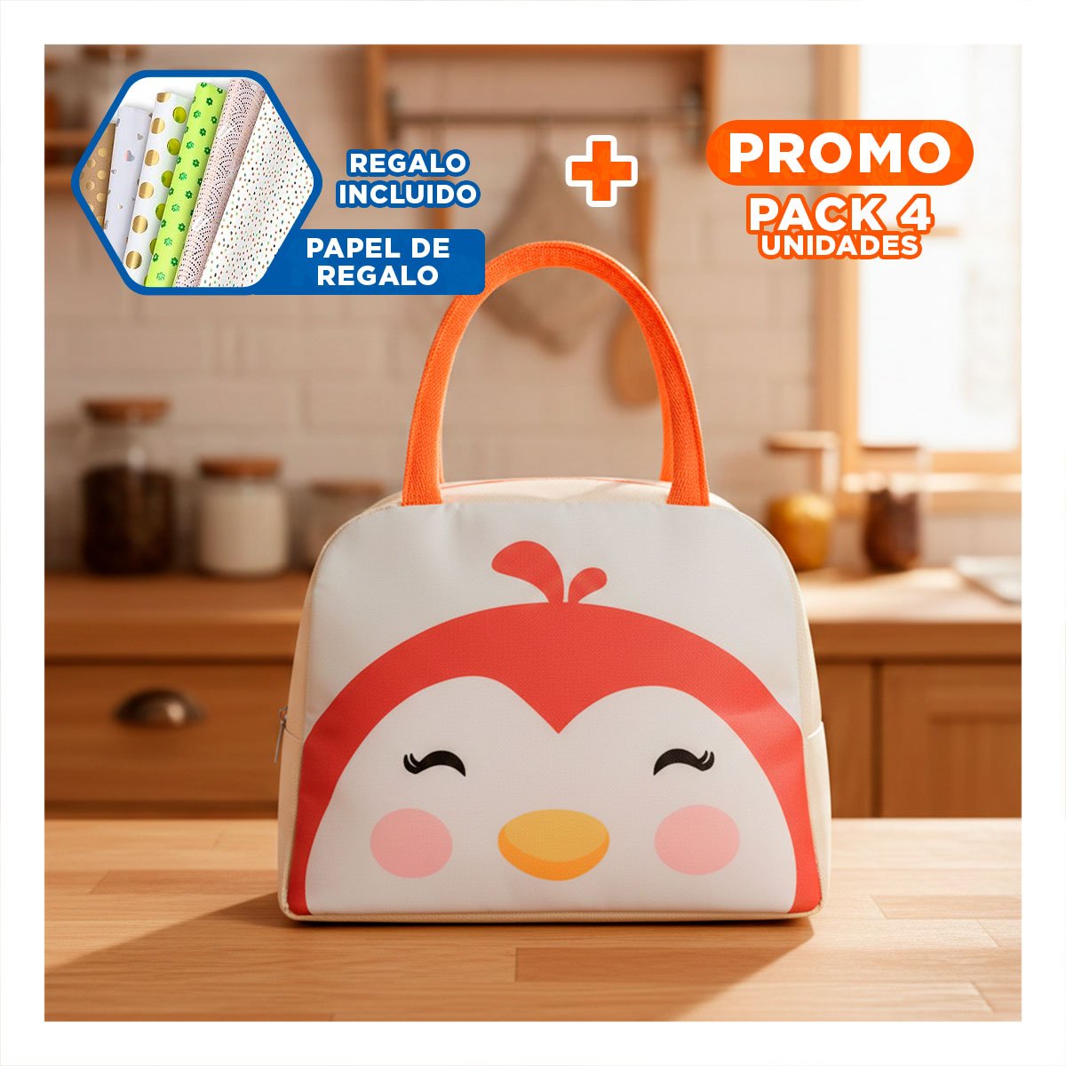 PACK4 ESTUCHE DE COMIDA TERMICO IDEAL PARA EXCURSIONES PINGUINO BEIGE Y+PAPEL REGALO - 1