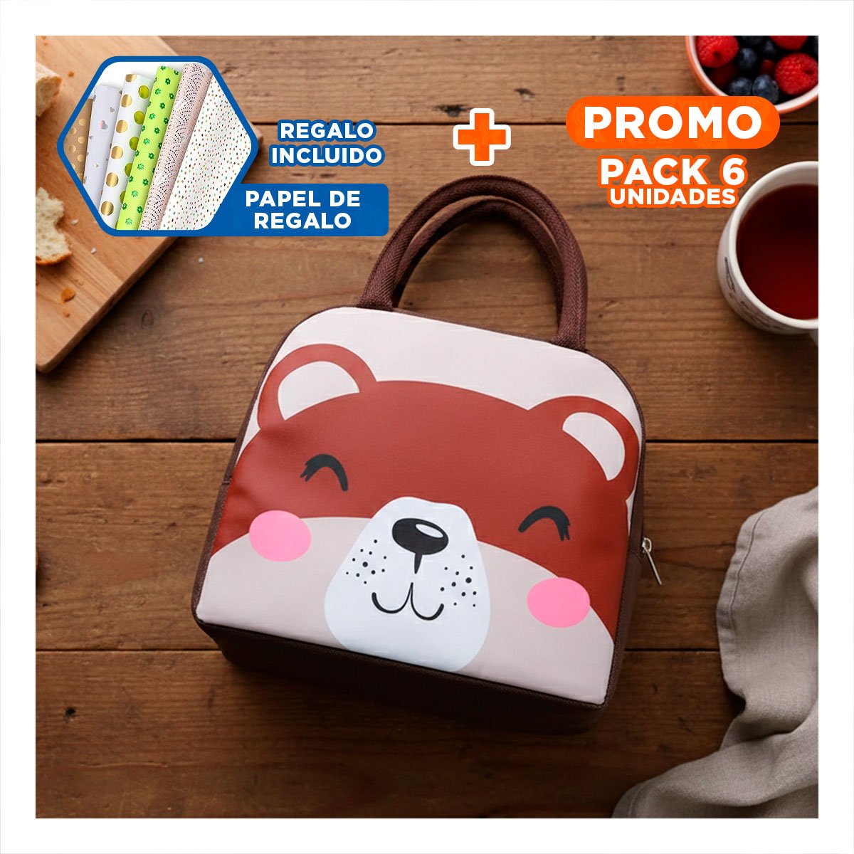 PACK6 RECIPIENTE TERMICO CON ASA Y DISEÑO DIVERTIDO OSO MARRON Y+PAPEL REGALO - 1