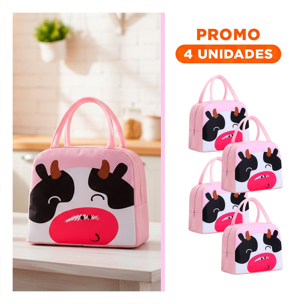 PACK4 LUNCH BOX TERMICA ESTAMPADO DE VACA PARA TRANSPORTE ROSADO Y+REGALO STICKER - 1