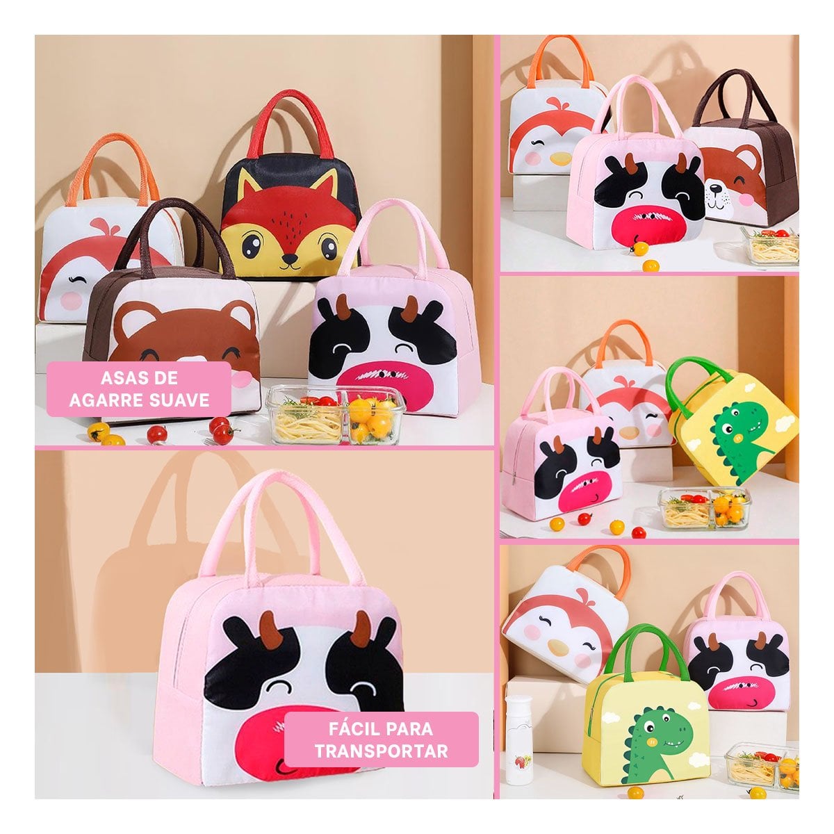 PACK4 LUNCH BOX TERMICA ESTAMPADO DE VACA PARA TRANSPORTE ROSADO Y+REGALO STICKER - 2