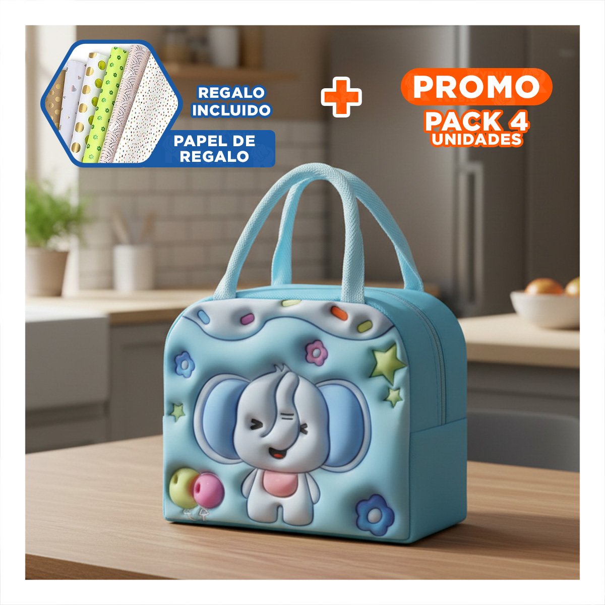 PACK4 RECIPIENTE TERMICO DE USO DIARIO FAMILIAR CELESTE Y+PAPEL REGALO - 1