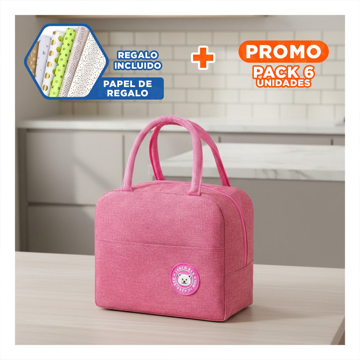 PACK6 LUNCH BOX Y BOLSILLO EXTERIOR CON ESPACIO EXTRA ROSADO Y+PAPEL REGALO - 1