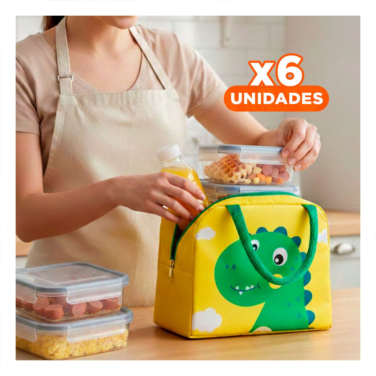 PACK6 RECIPIENTE ALIMENTICIO TERMICO COMPACTO Y PORTATIL DINOSAURIO AMARILLO Y+REGALO STICKER - 1