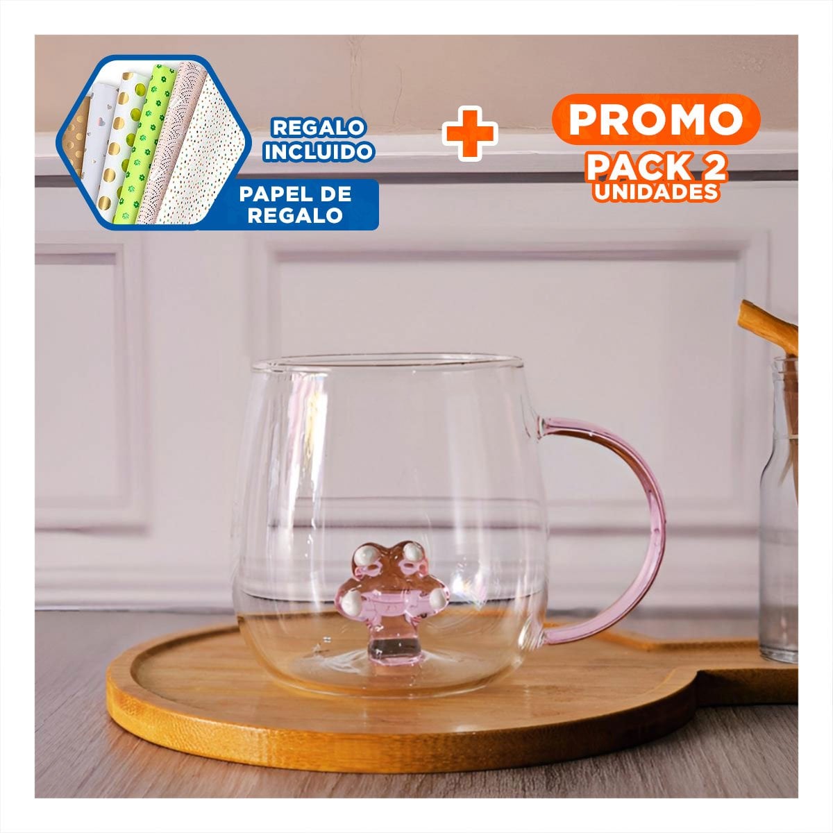 PACK2 COPA BAJA PARA REFRESCOS Y JUGOS CON ASA FACIL ROSADA TRANSPARENTE 350 ML Y+PAPEL REGALO - 1