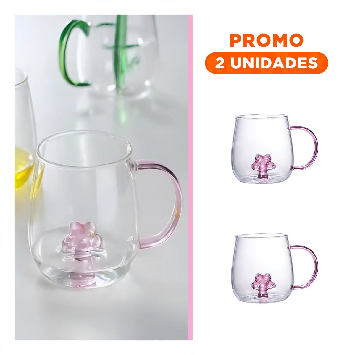 PACK2 COPA BAJA PARA BEBIDAS FRIAS CON ASA COMODA ROSADA TRANSPARENTE 350 ML - 1