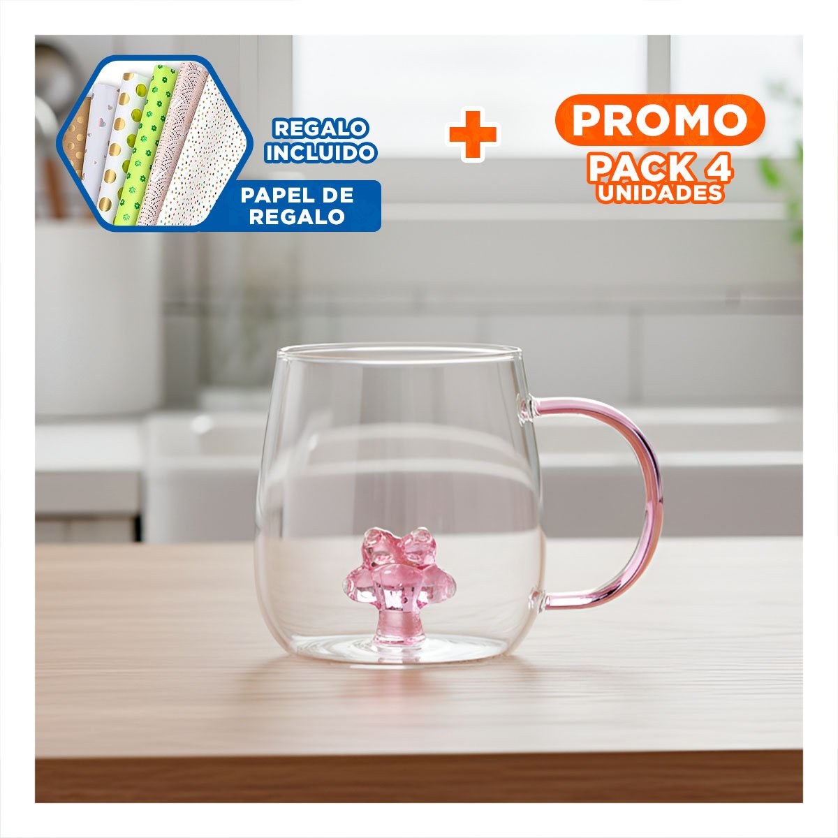 PACK4 COPA BAJA PARA JUGOS NATURALES CON ASA LIGERA ROSADA TRANSPARENTE 350 ML Y+PAPEL REGALO - 1