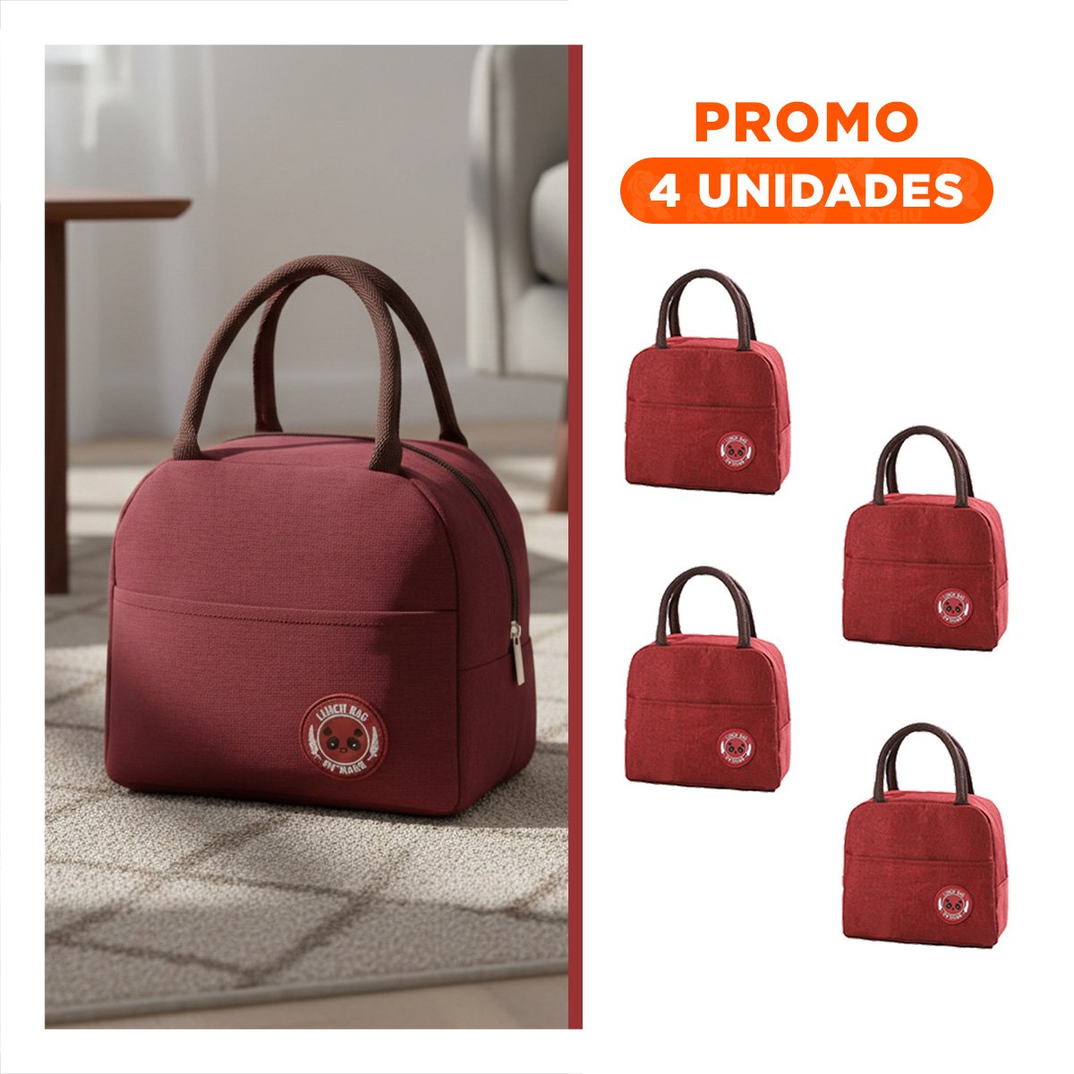 PACK4 BOLSA DE ALMUERZO TERMICA Y BOLSILLO EXTERIOR PARA COMIDAS GUINDA Y+REGALO STICKER - 1