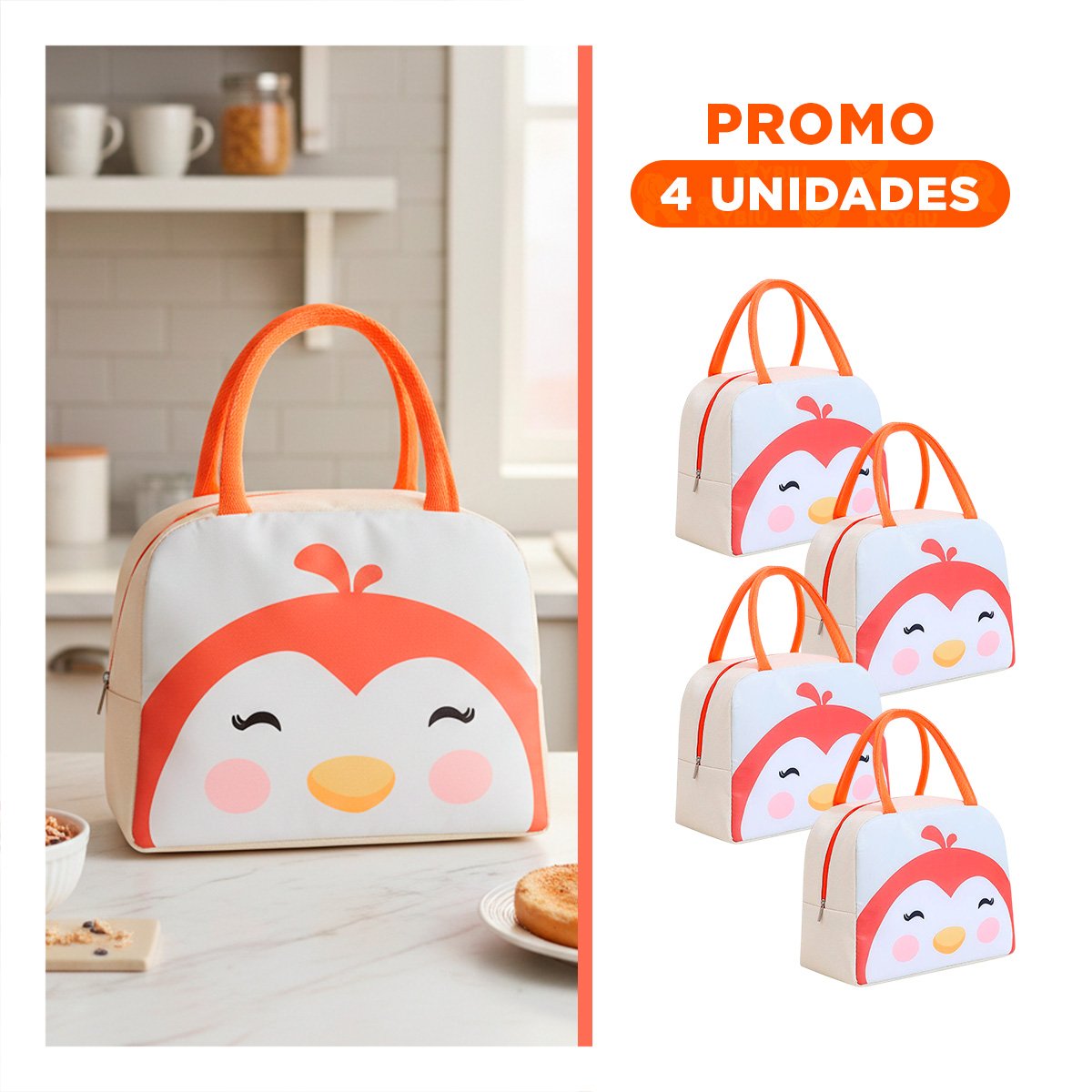 PACK4 LUNCH BOX TERMICA CON COMPARTIMENTOS Y ORGANIZADOR PINGUINO BEIGE Y+REGALO STICKER - 1