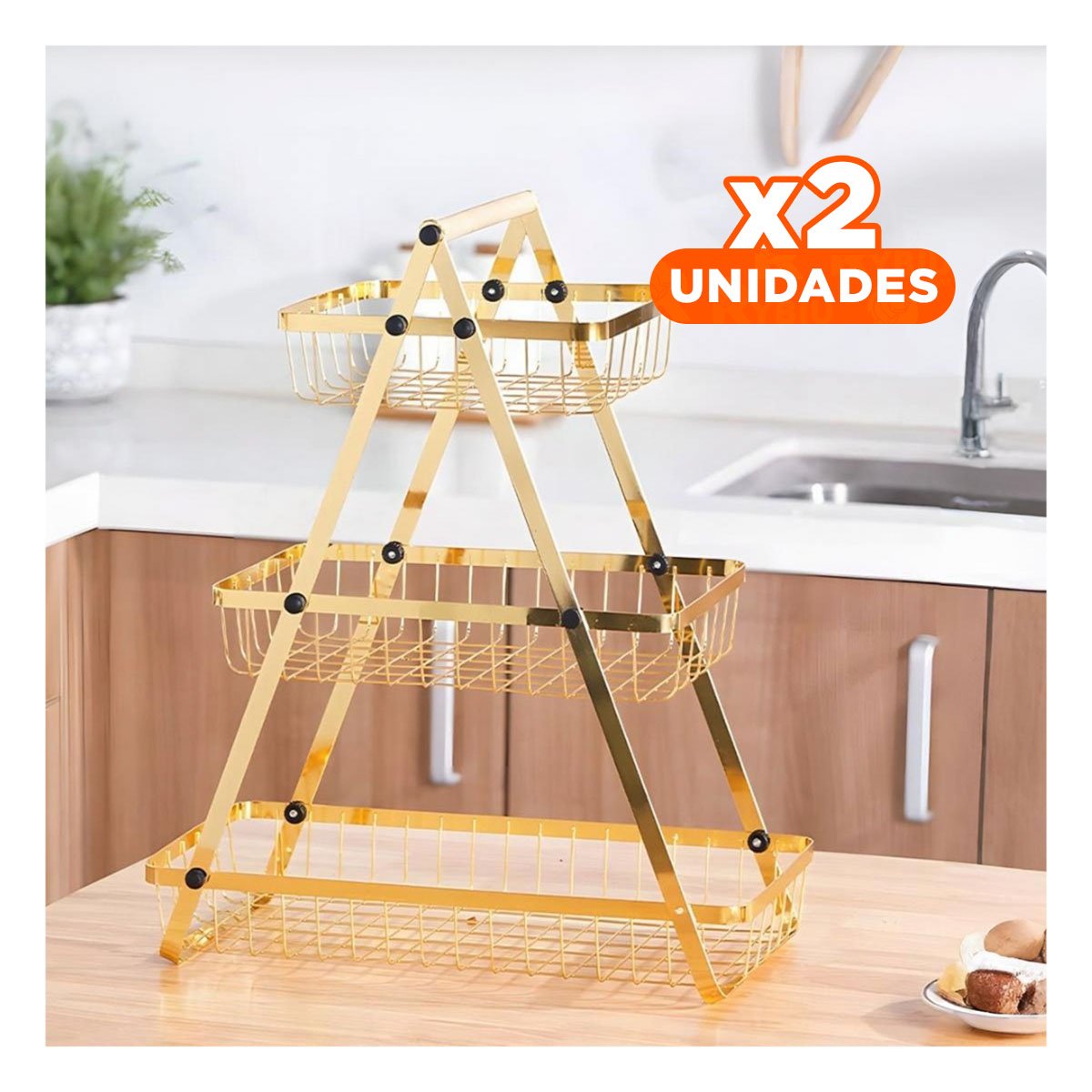 PACK2 PORTA FRUTAS TRIANGULAR 3 NIVELES PARA MESA Y SNACKS DORADO Y+REGALO STICKER - 1