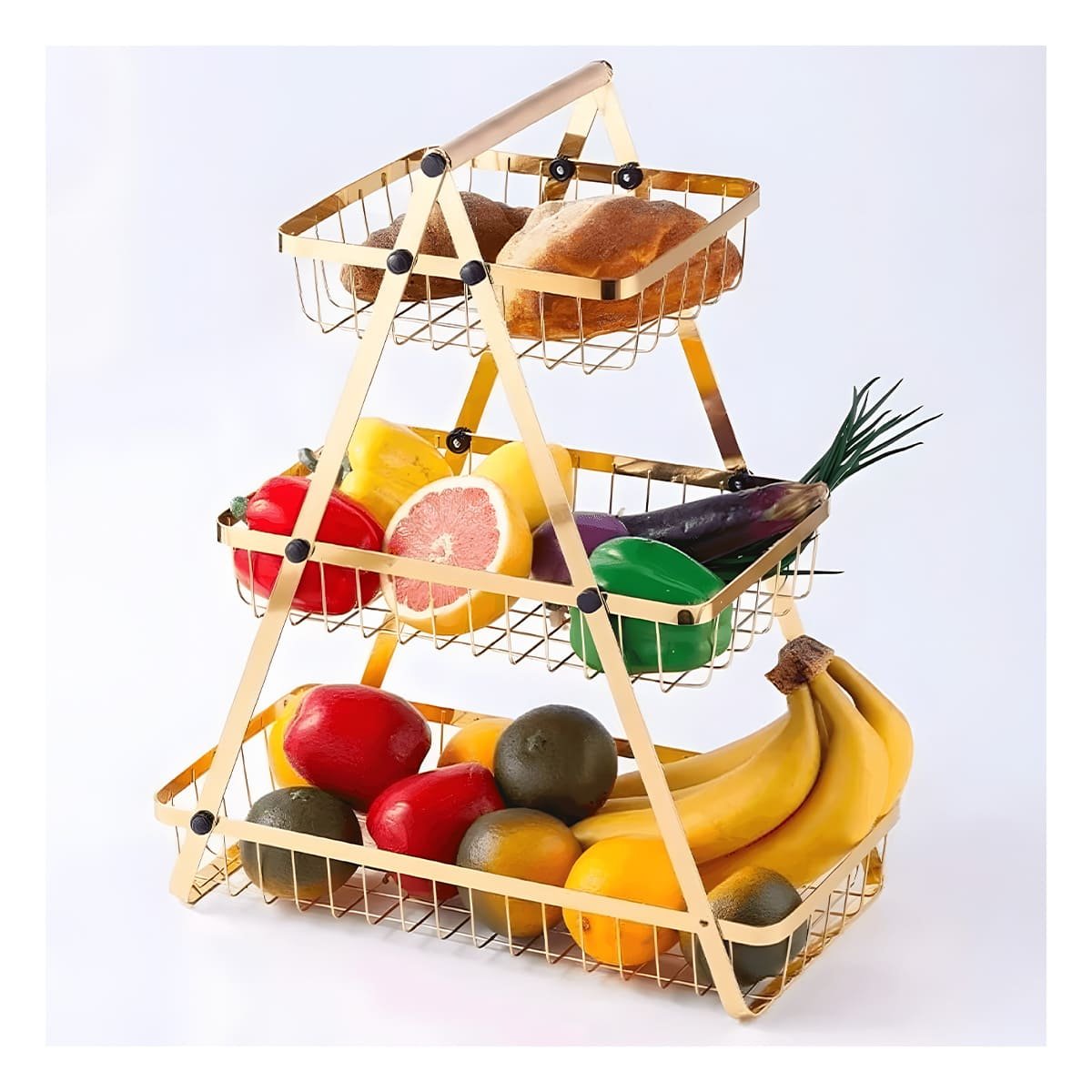 PACK2 PORTA FRUTAS TRIANGULAR 3 NIVELES PARA MESA Y SNACKS DORADO Y+REGALO STICKER - 3