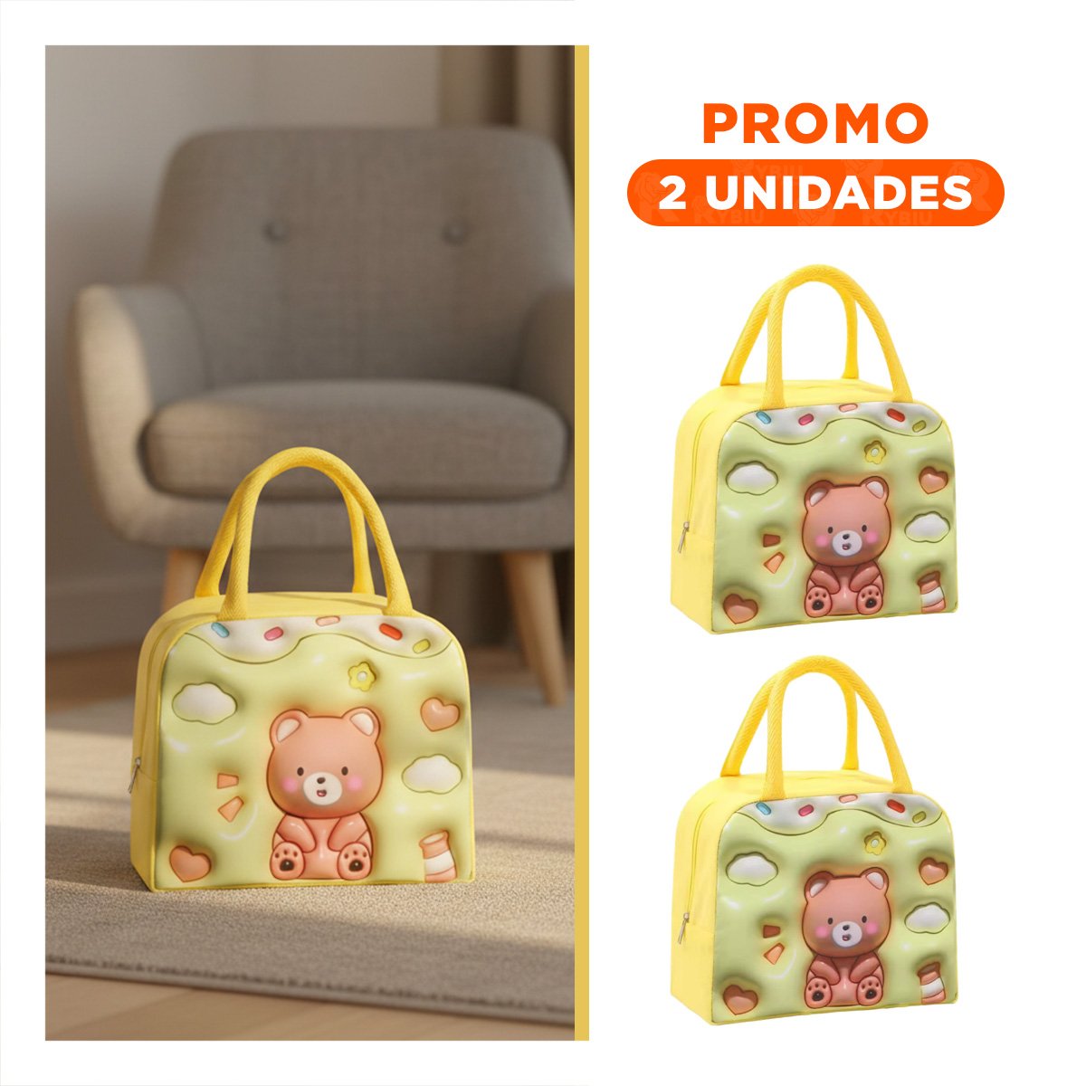 PACK2 ESTUCHE DE COMIDA KAWAII OSO COMODO PARA TRASLADO AMARILLO - 1