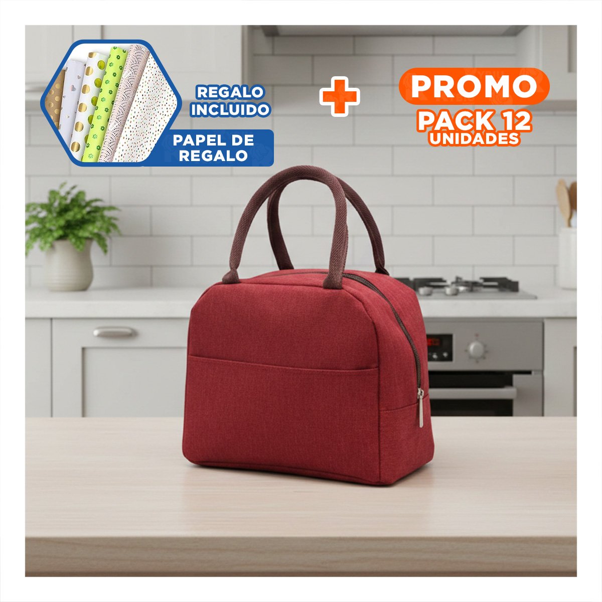 PACK12 PORTA VIANDAS TERMICO Y BOLSILLO EXTERIOR IDEAL PARA ALMUERZOS GUINDA Y+PAPEL REGALO - 1