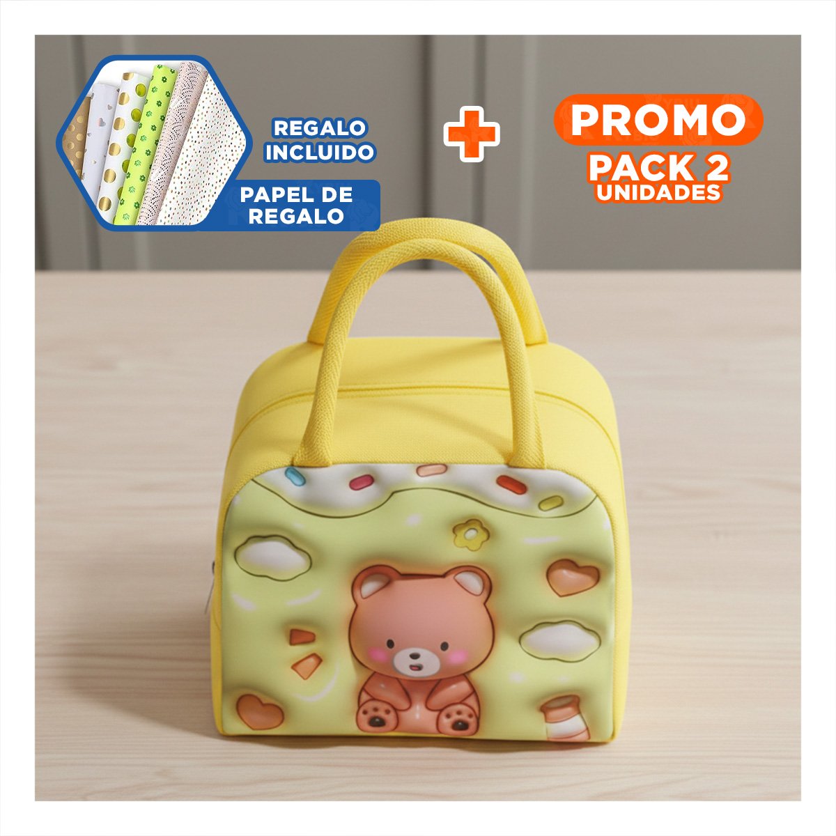 PACK2 ESTUCHE DE COMIDA KAWAII OSO CON AREA EXTRA AMARILLO Y+PAPEL REGALO - 1