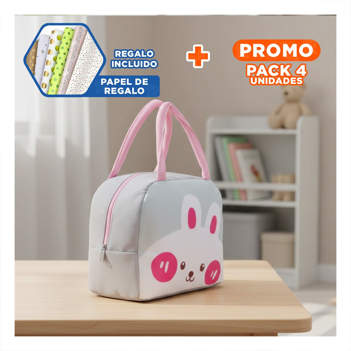 PACK4 LUNCH BOX TERMICA IDEAL PARA VIAJES Y EXCURSIONES CONEJO PLOMO CLARO Y+PAPEL REGALO - 1
