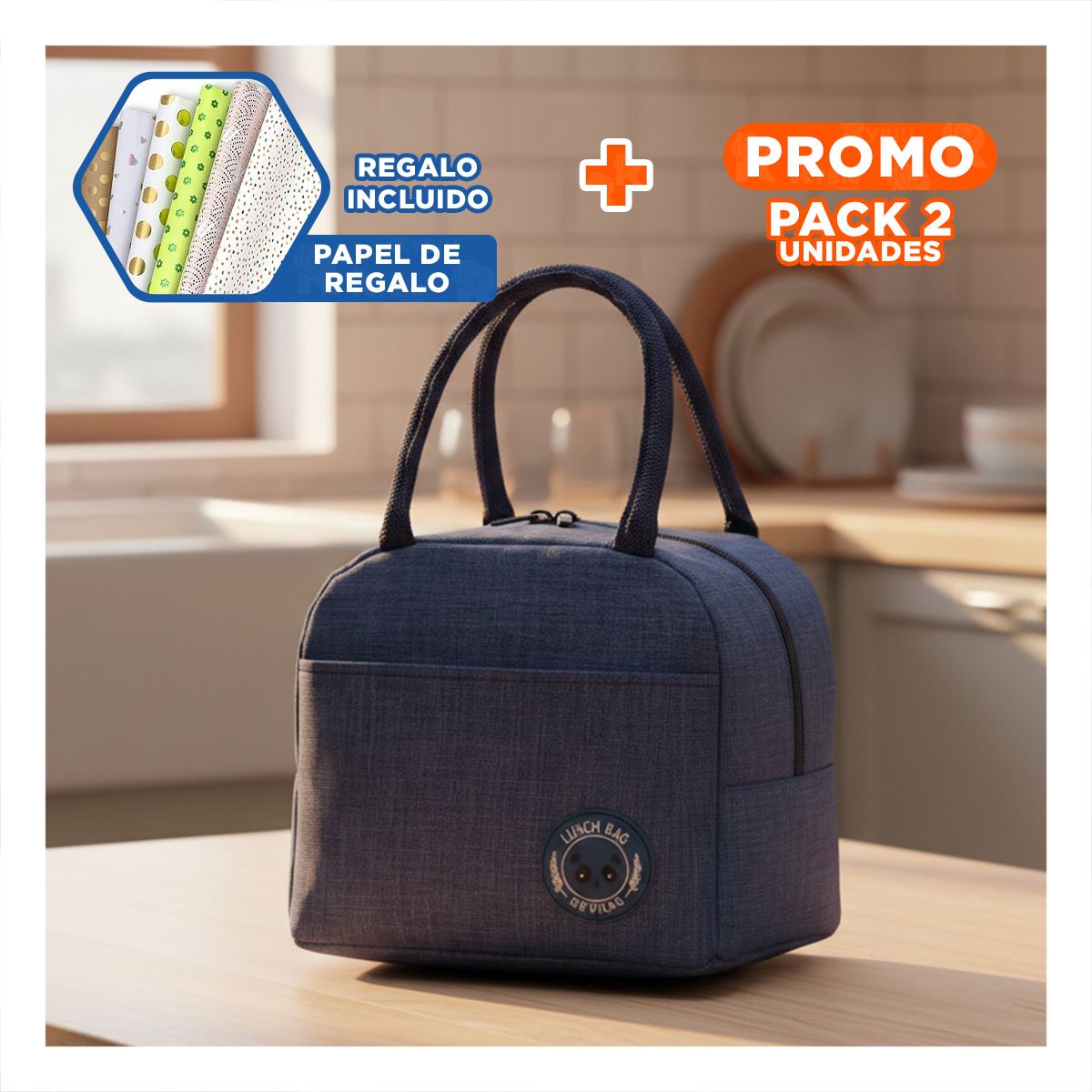 PACK2 ESTUCHE TERMICO PARA TRASLADO DIARIO CON ETIQUETA OSO AZUL MARINO Y+PAPEL REGALO - 1