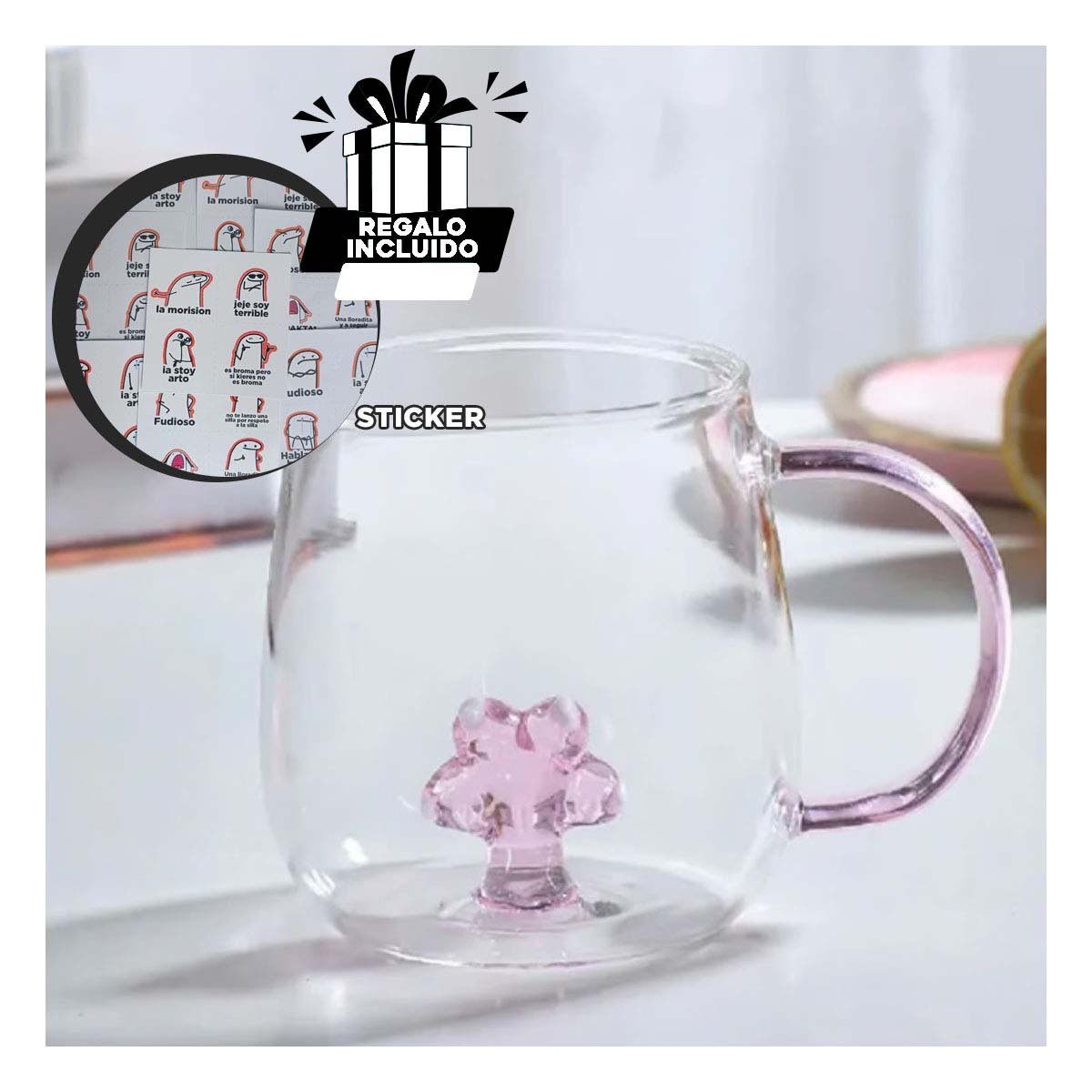 VASO PARA BEBIDAS CALIENTES CON ASA COMODA ROSADA TRANSPARENTE 350 ML Y+REGALO STICKER - 1