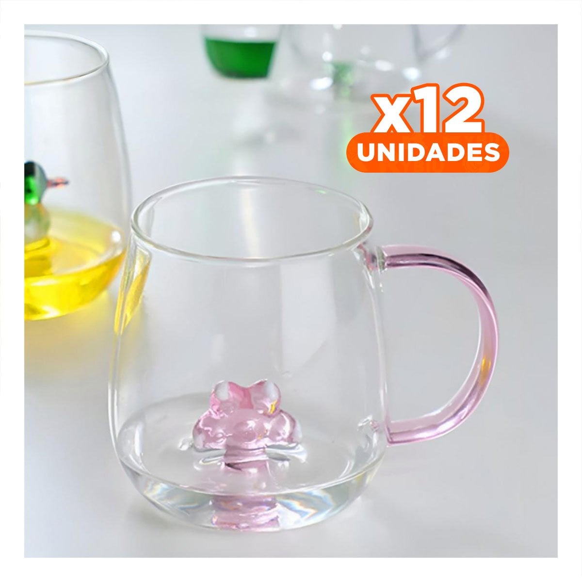 PACK12 CONTENEDOR DE VIDRIO CON GARRITA ROSADA Y ASA 350 ML TRANSPARENTE - 1