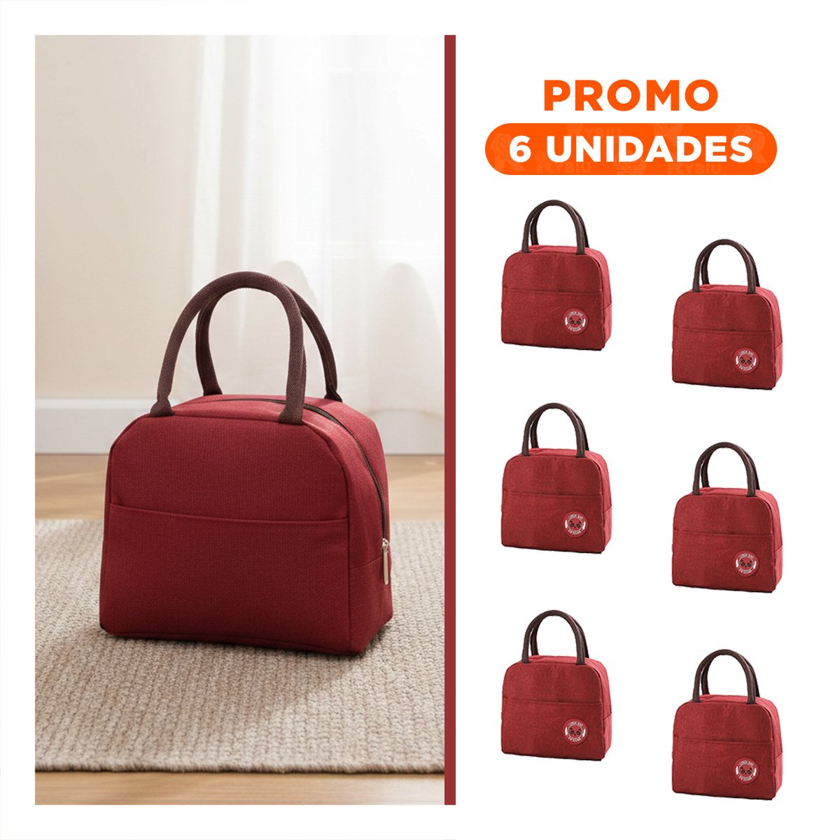 PACK6 BOLSA DE ALMUERZO TERMICA Y BOLSILLO EXTERIOR FACIL DE GUARDAR GUINDA - 1