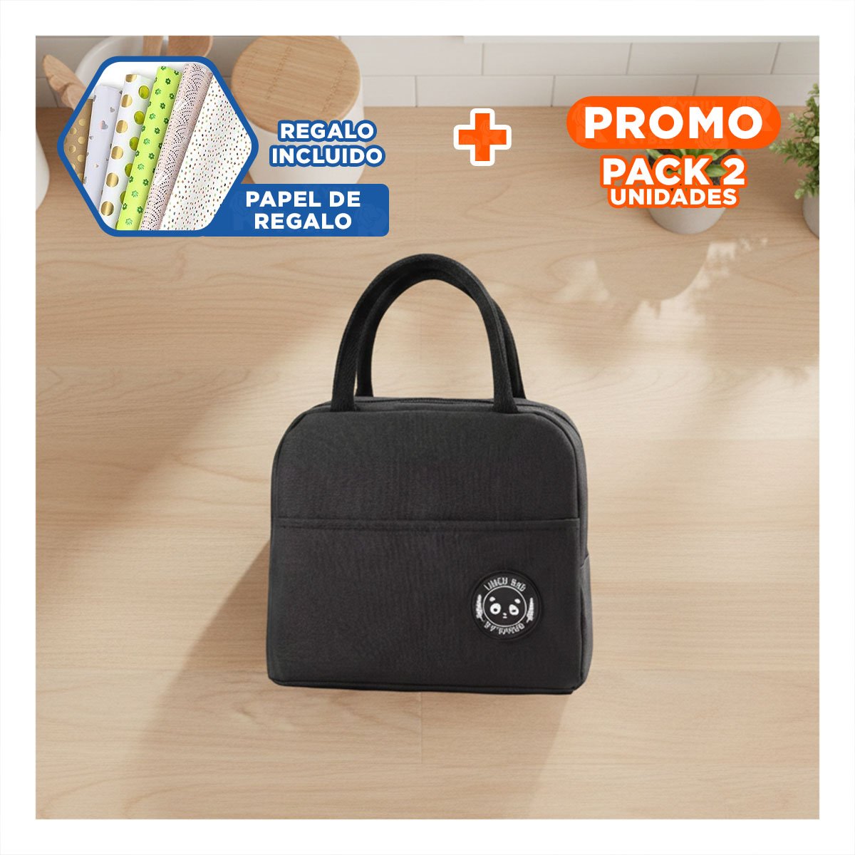 PACK2 ESTUCHE DE COMIDA Y BOLSILLO EXTERIOR CON AREA EXTRA NEGRO Y+PAPEL REGALO - 1