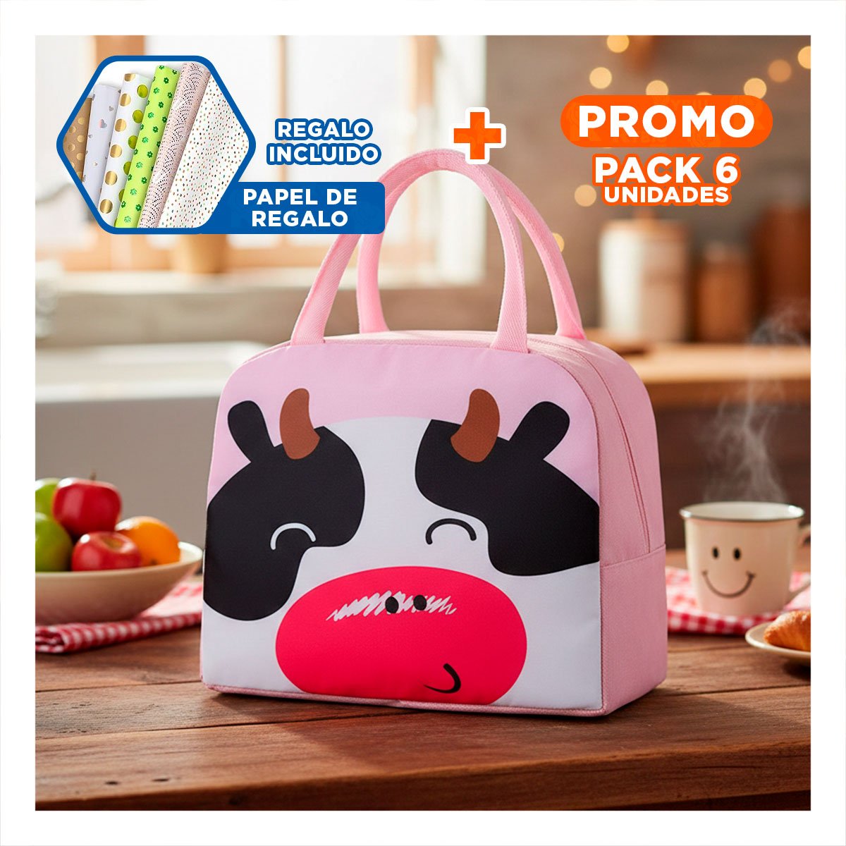 PACK6 LUNCH BOX TERMICA PRÁCTICA ESTAMPADO DE VACA PARA MERIENDA ROSADO Y+PAPEL REGALO - 1