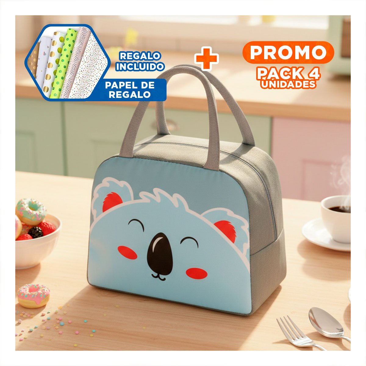 PACK4 LUNCH BOX TERMICA USO DIARIO Y SEGURO KOALA PLOMO OSCURO Y+PAPEL REGALO - 1