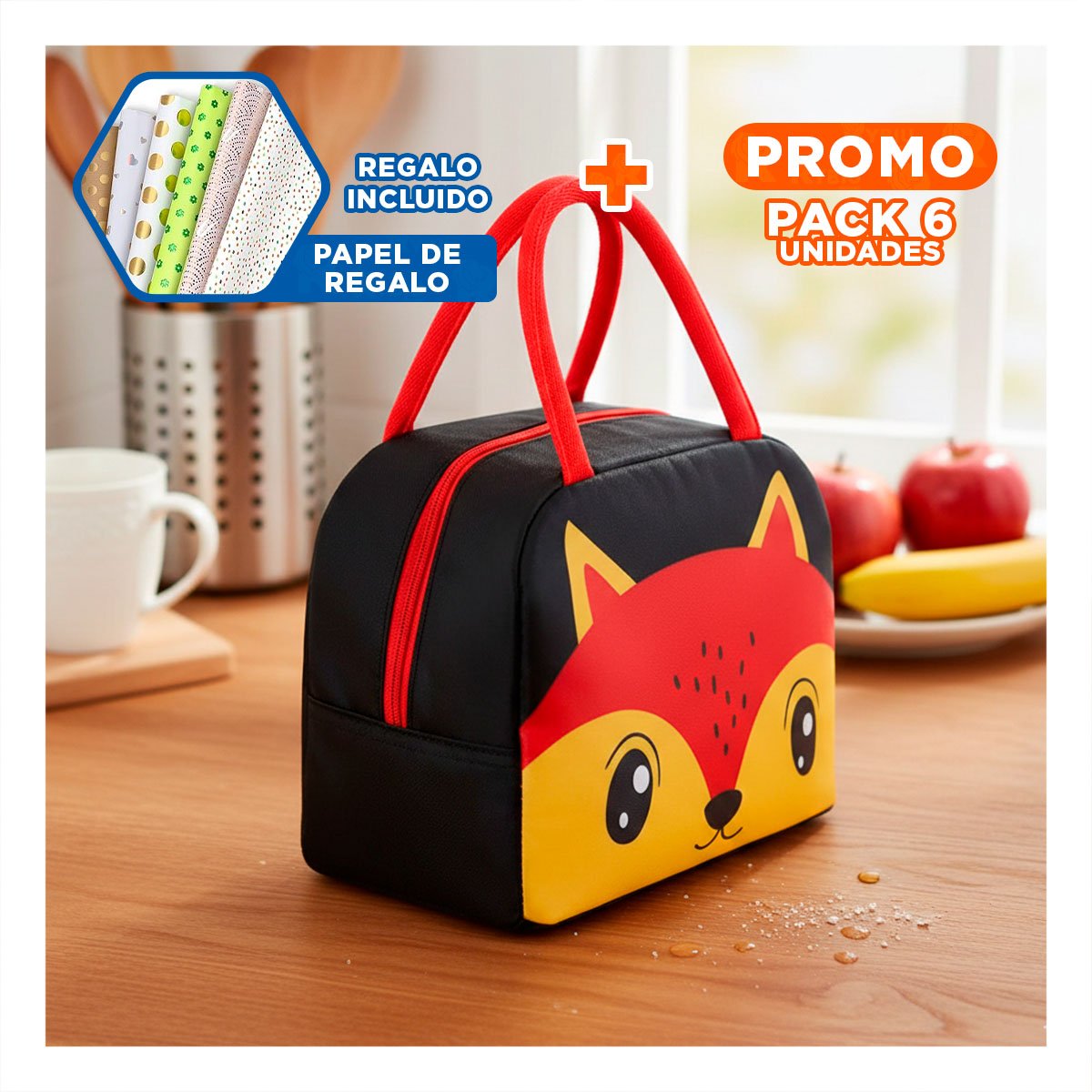 PACK6 LUNCH BOX TERMICA PARA OFICINA Y ESCUELA ZORRO NEGRO Y+PAPEL REGALO - 1