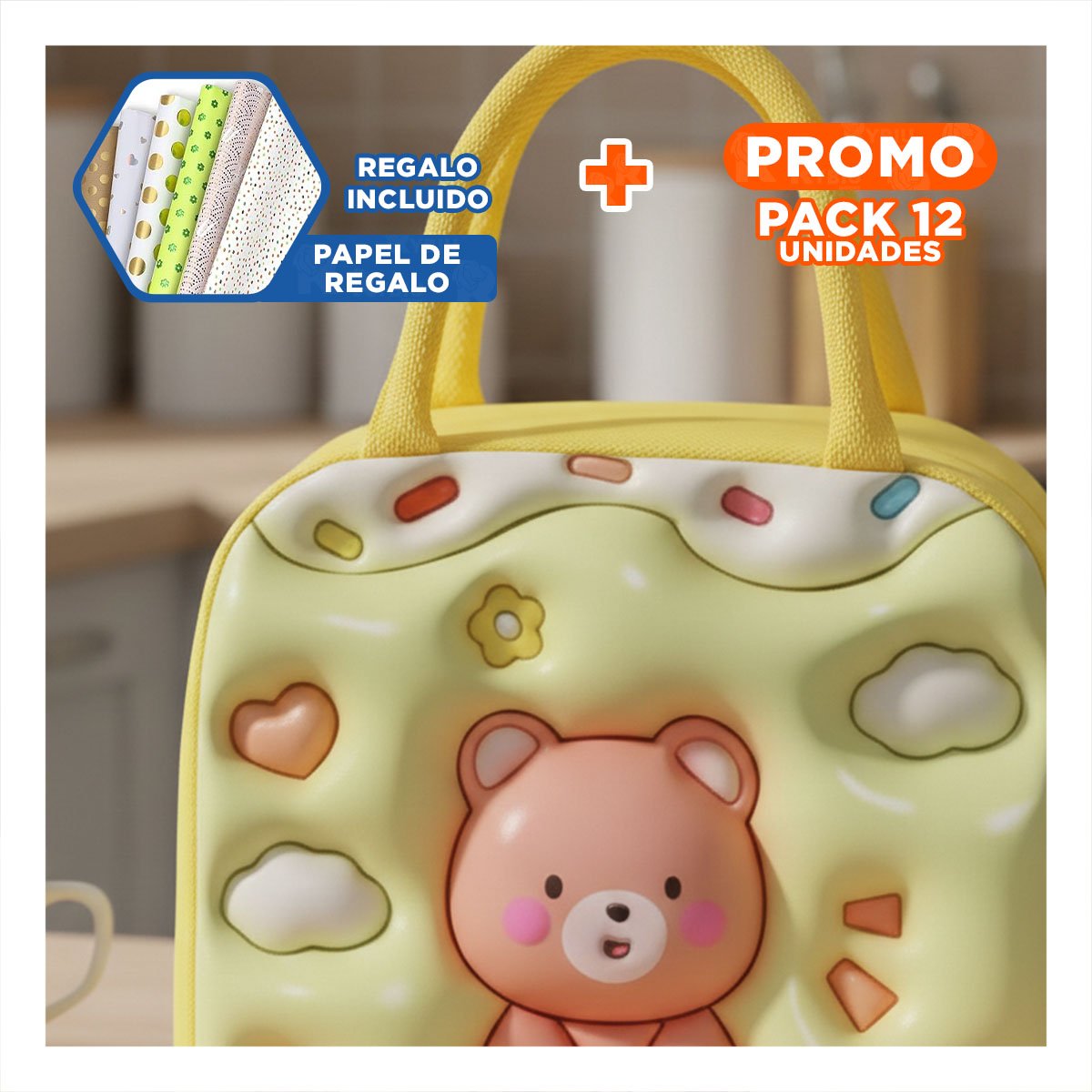 PACK12 MALETIN KAWAII OSO ACABADO ATRACTIVO Y FUNCIONAL AMARILLO Y+PAPEL REGALO - 1