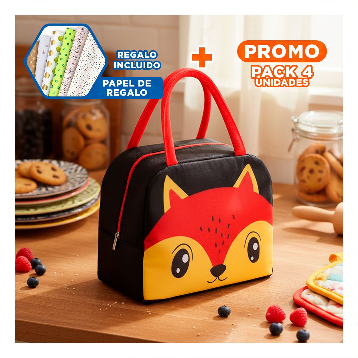 PACK4 ESTUCHE DE COMIDA TERMICO SEGURO Y PRACTICO ZORRO NEGRO Y+PAPEL REGALO - 1