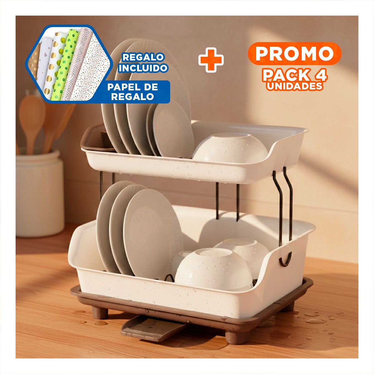 PACK4 SOPORTE PARA MESA 2 NIVELES PLASTICO ORGANIZACION Y UTILIDAD MARRON Y+PAPEL REGALO - 1