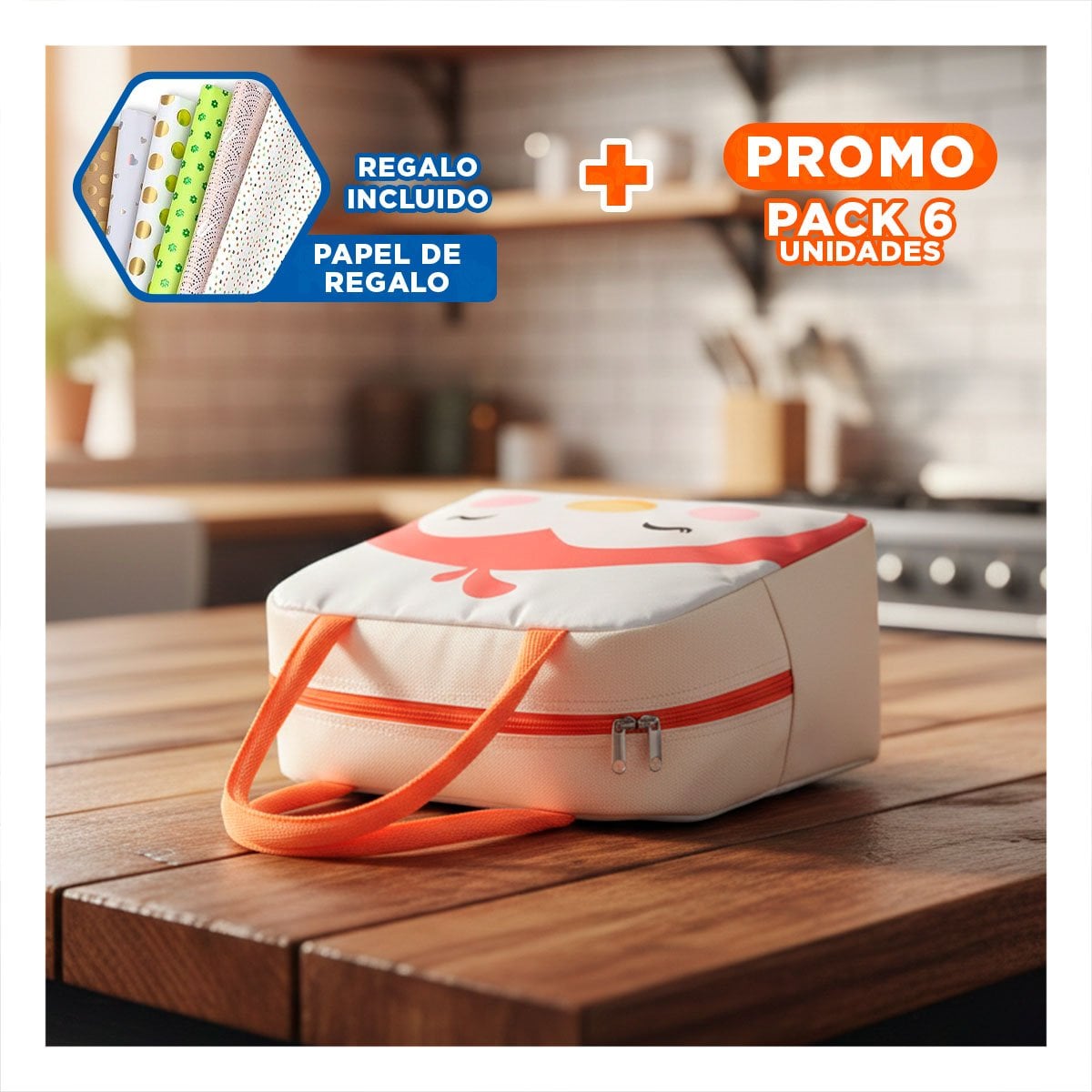 PACK6 LUNCH BOX TERMICA IDEAL PARA OFICINA Y ESCUELA PINGUINO BEIGE Y+PAPEL REGALO - 1
