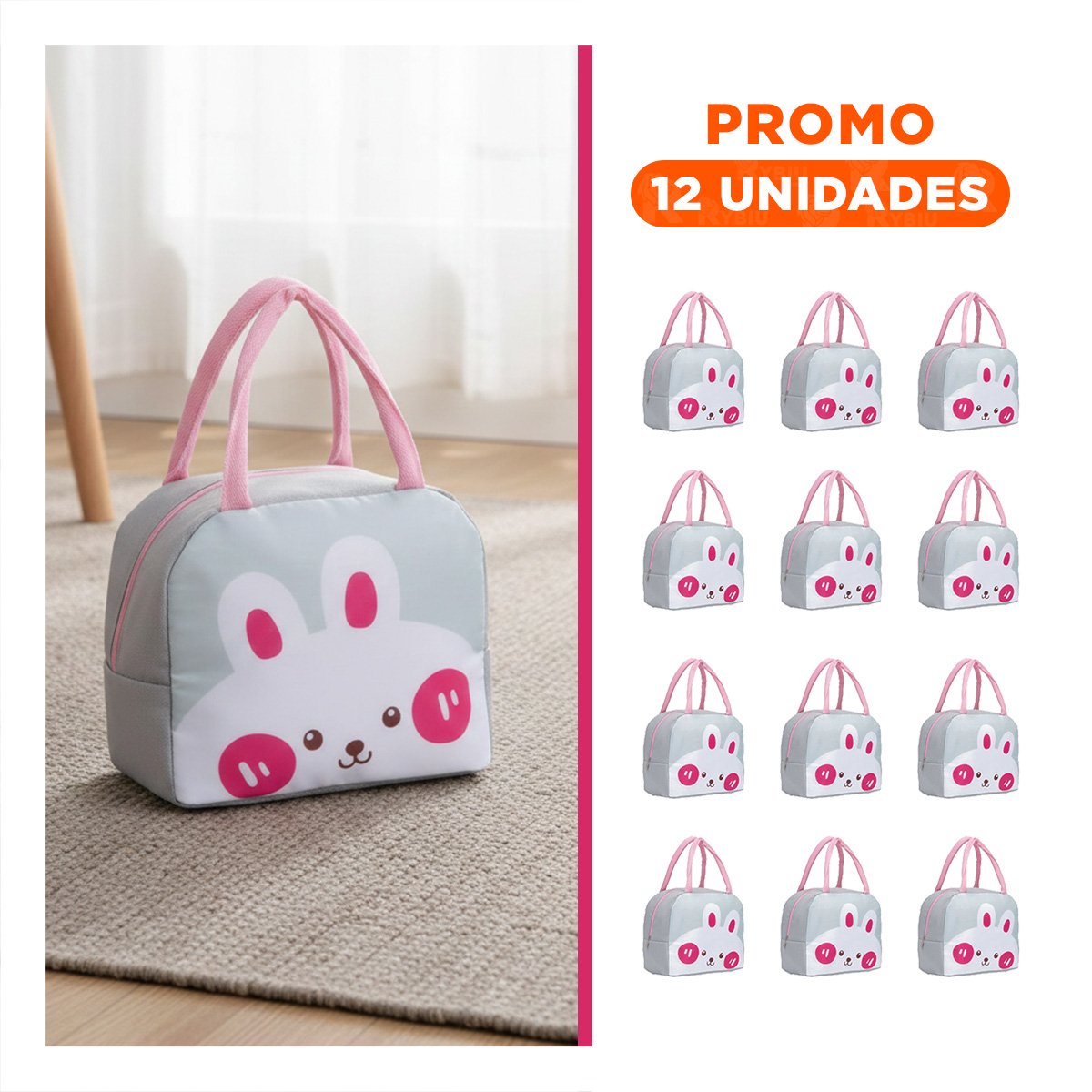 PACK12 CAJA DE ALMUERZO TERMICA PERFECTA PARA EXCURSIONES CONEJO PLOMO CLARO Y+REGALO STICKER - 1
