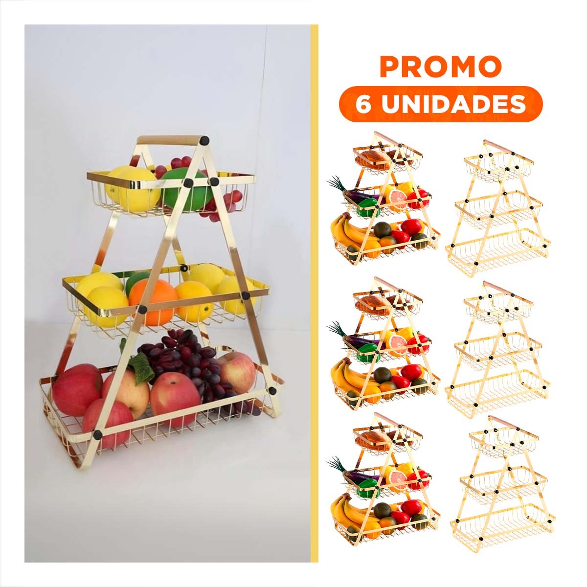 PACK6 CONTENEDOR TRIANGULAR 3 NIVELES PARA FRUTAS Y VERDURAS DORADO - 1