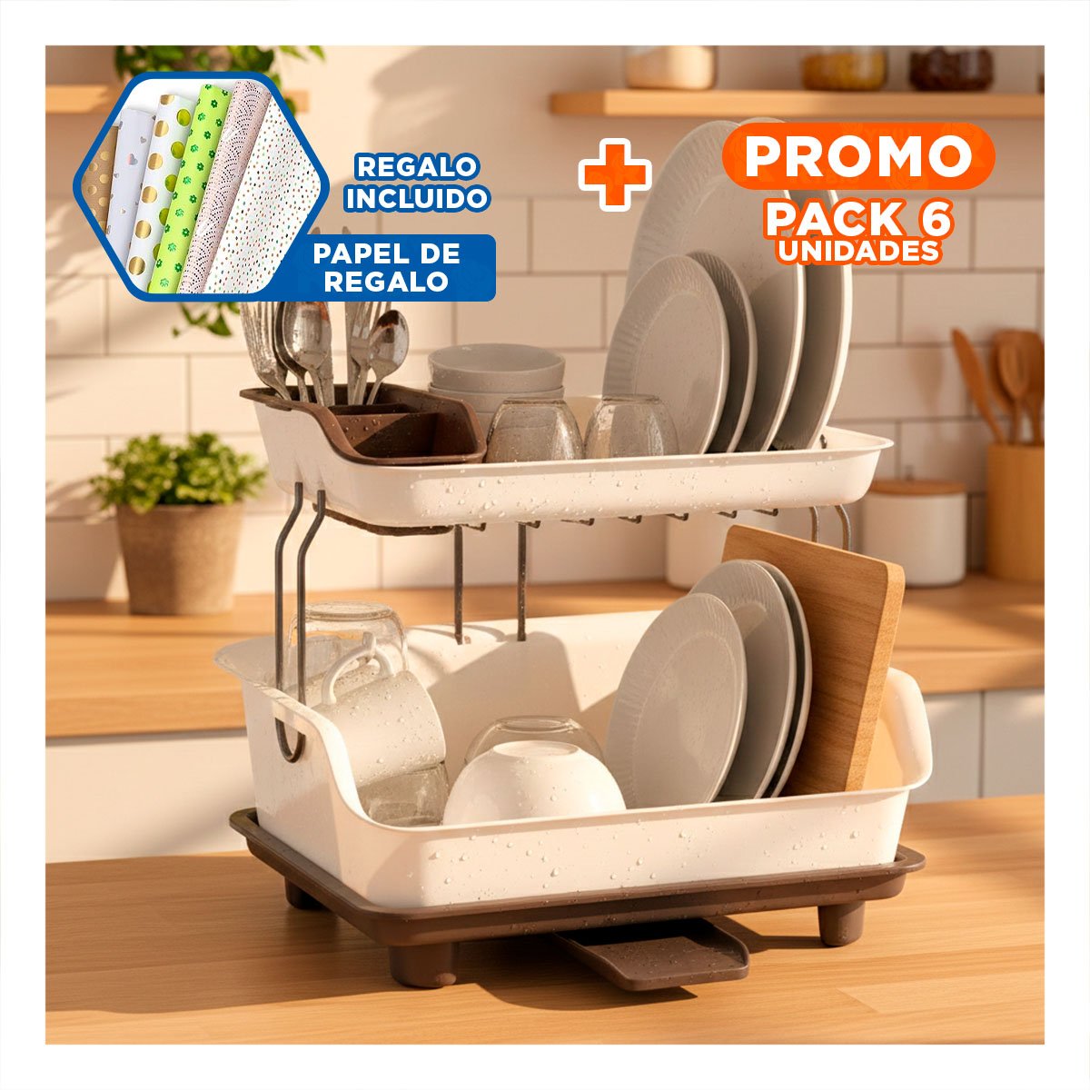 PACK6 APLICADOR PARA VAJILLA 2 NIVELES PLASTICO MARRON Y+PAPEL REGALO - 1