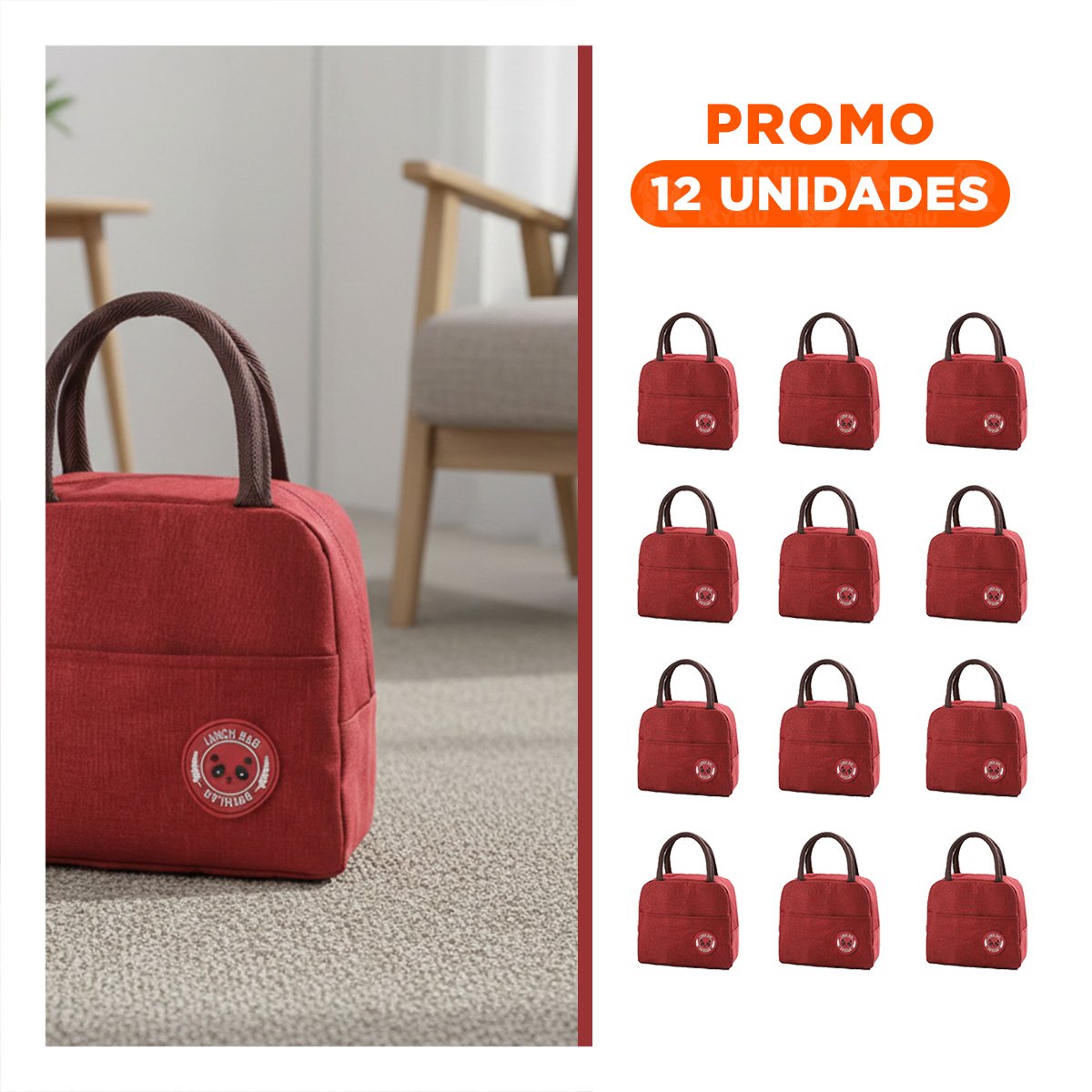 PACK12 PORTA VIANDAS TERMICO Y BOLSILLO EXTERIOR FACIL DE TRANSPORTAR GUINDA Y+REGALO STICKER - 1