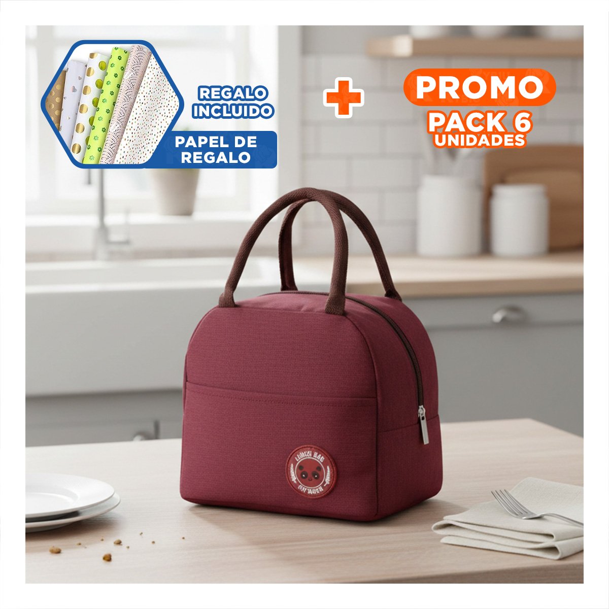 PACK6 BOLSA DE ALMUERZO TERMICA Y BOLSILLO EXTERIOR CON COMPARTIMENTOS GUINDA Y+PAPEL REGALO - 1