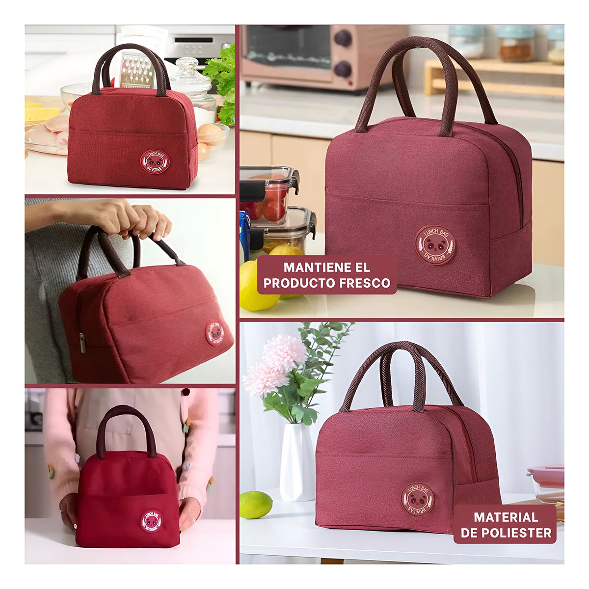 PACK6 BOLSA DE ALMUERZO TERMICA Y BOLSILLO EXTERIOR CON COMPARTIMENTOS GUINDA Y+PAPEL REGALO - 3