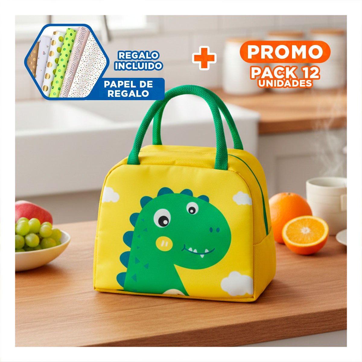 PACK12 PORTA VIANDAS TERMICO CON CIERRE SEGURO DINOSAURIO AMARILLO Y+PAPEL REGALO - 1