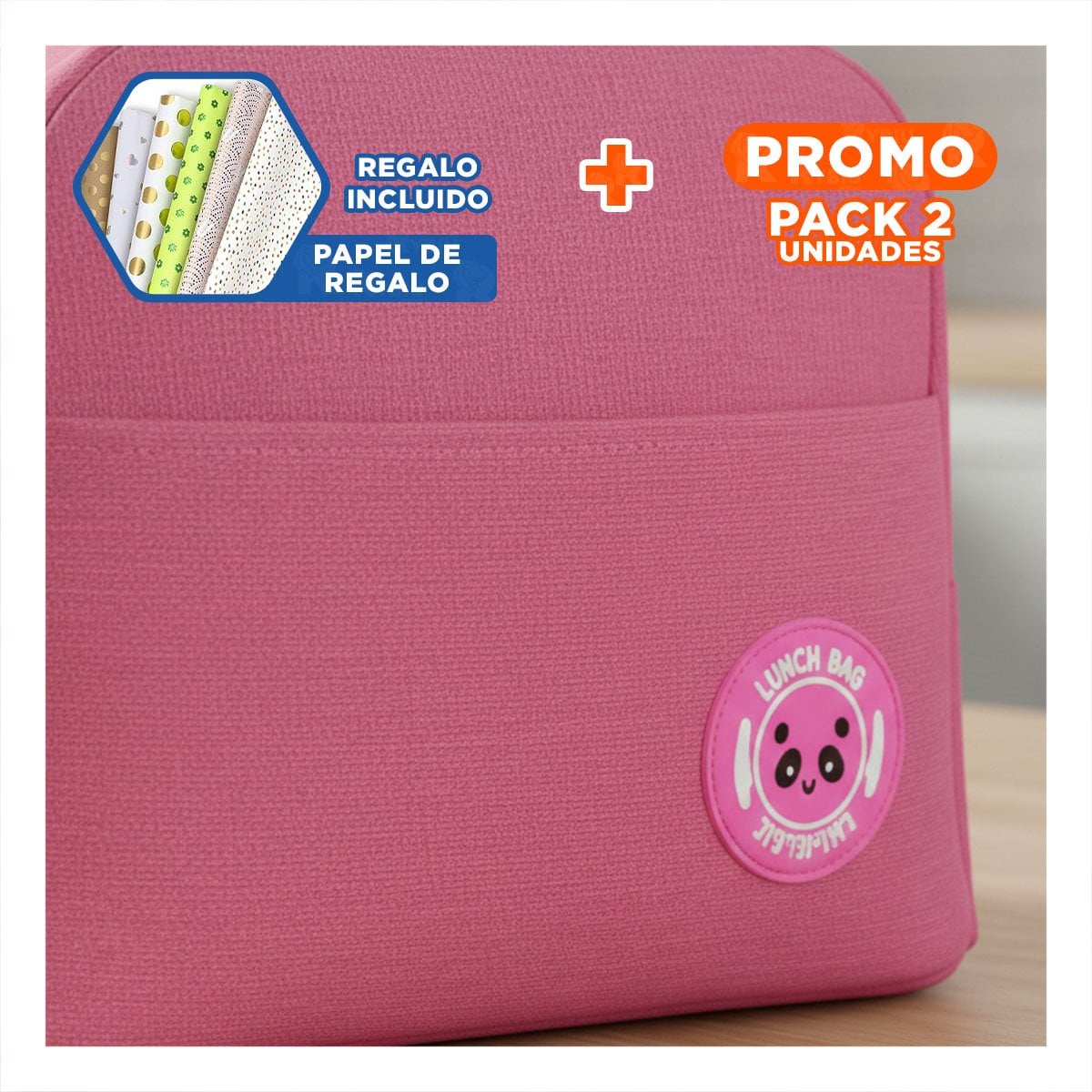PACK2 ESTUCHE DE COMIDA Y BOLSILLO EXTERIOR CON AREA EXTRA ROSADO Y+PAPEL REGALO - 1
