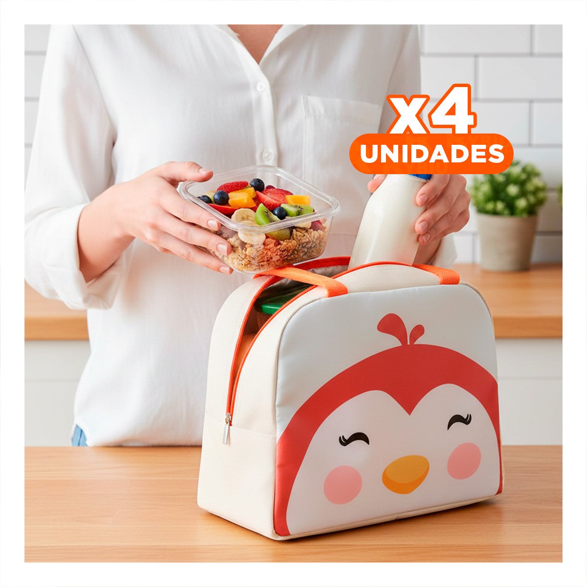 PACK4 ESTUCHE DE COMIDA TERMICO PARA NIÑOS Y ADULTOS PINGUINO BEIGE - 1
