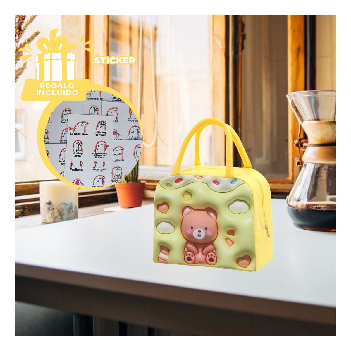 CONTENEDOR DE COMIDA KAWAII OSO FACIL DE LLEVAR AMARILLO Y+REGALO STICKER - 1