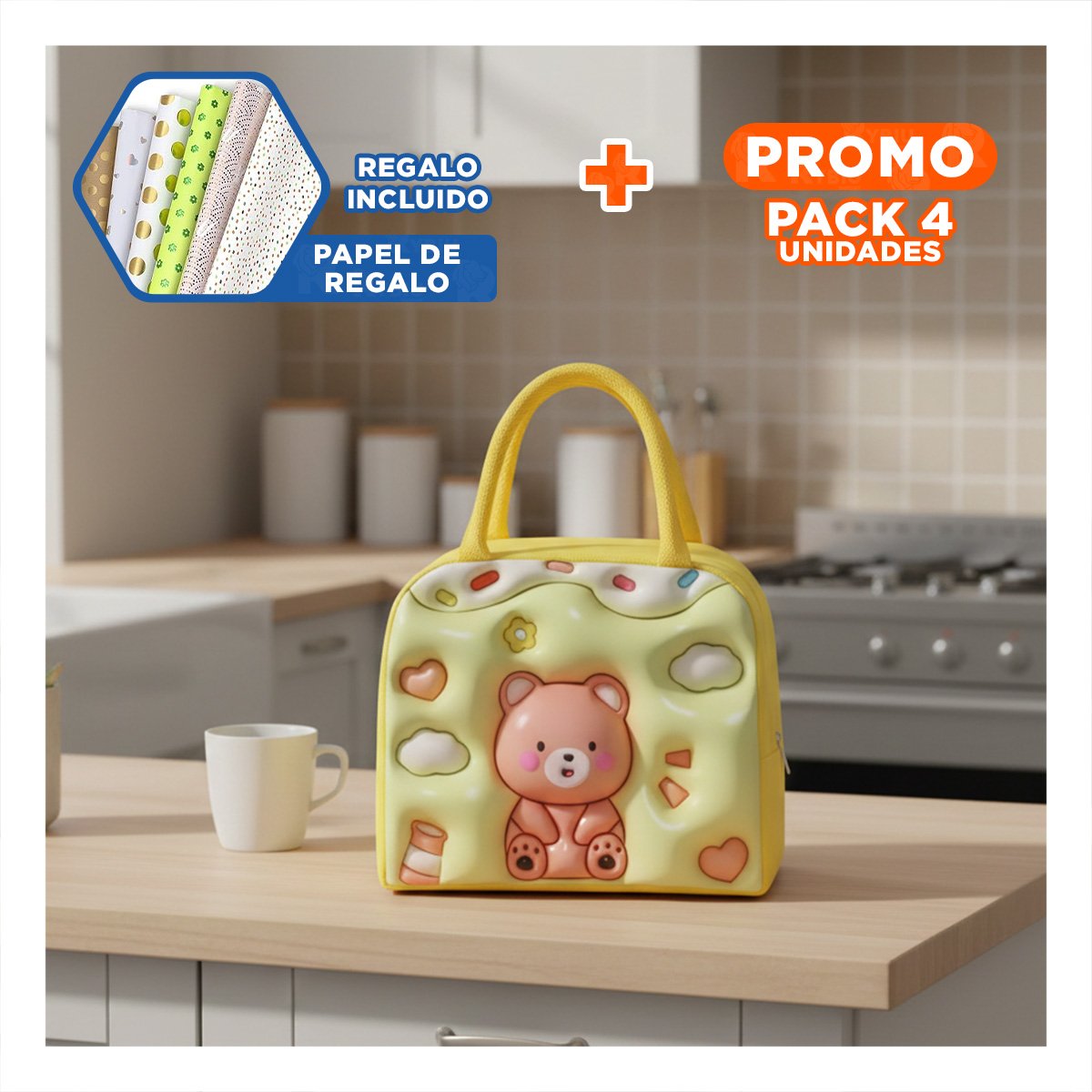 PACK4 ESTUCHE DE COMIDA KAWAII OSO PERFECTO PARA SALIDAS AMARILLO Y+PAPEL REGALO - 1