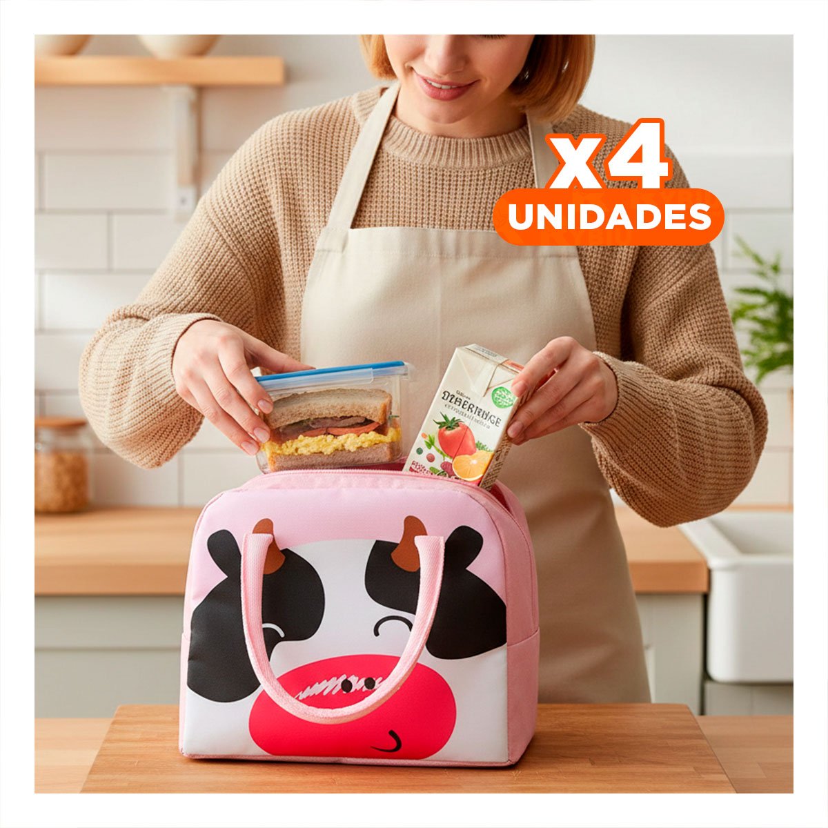 PACK4 PORTA ALIMENTOS TERMICO DE VACA CON CIERRE SEGURO ROSADO - 1