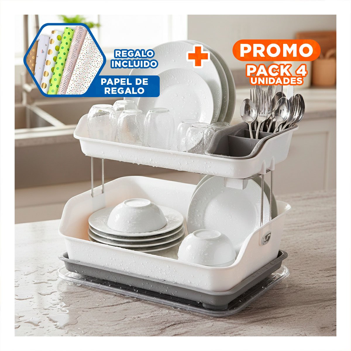 PACK4 ESCURRIDOR PARA MESA 2 NIVELES PLASTICO COMPACTO Y UTIL PLOMO Y+PAPEL REGALO - 1