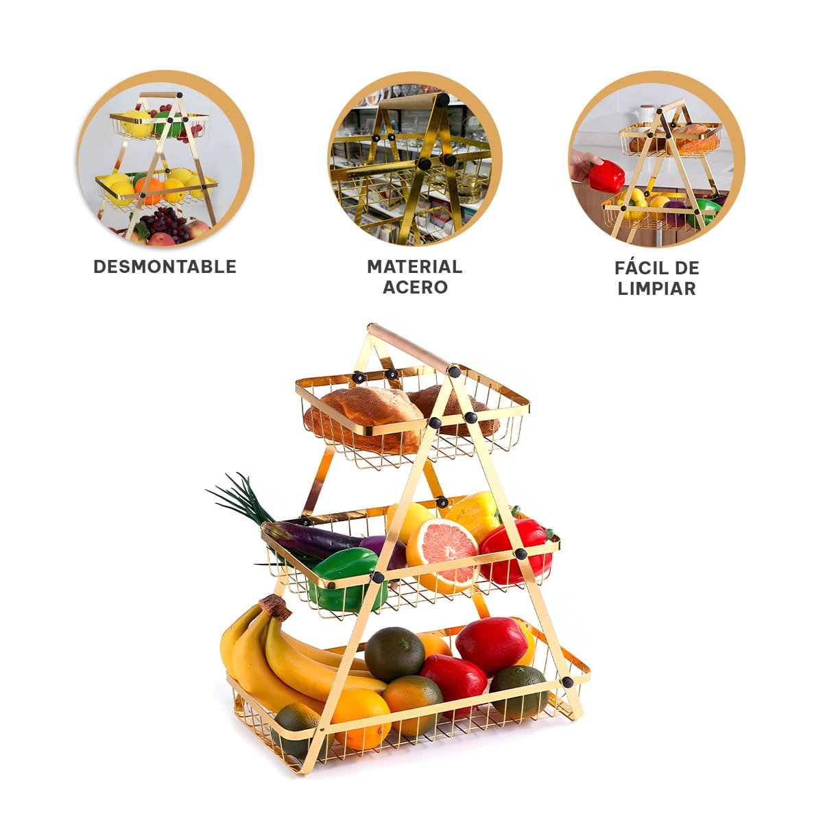 BANDEJA TRIANGULAR 3 NIVELES PARA FRUTAS Y VERDURAS DORADO - 3
